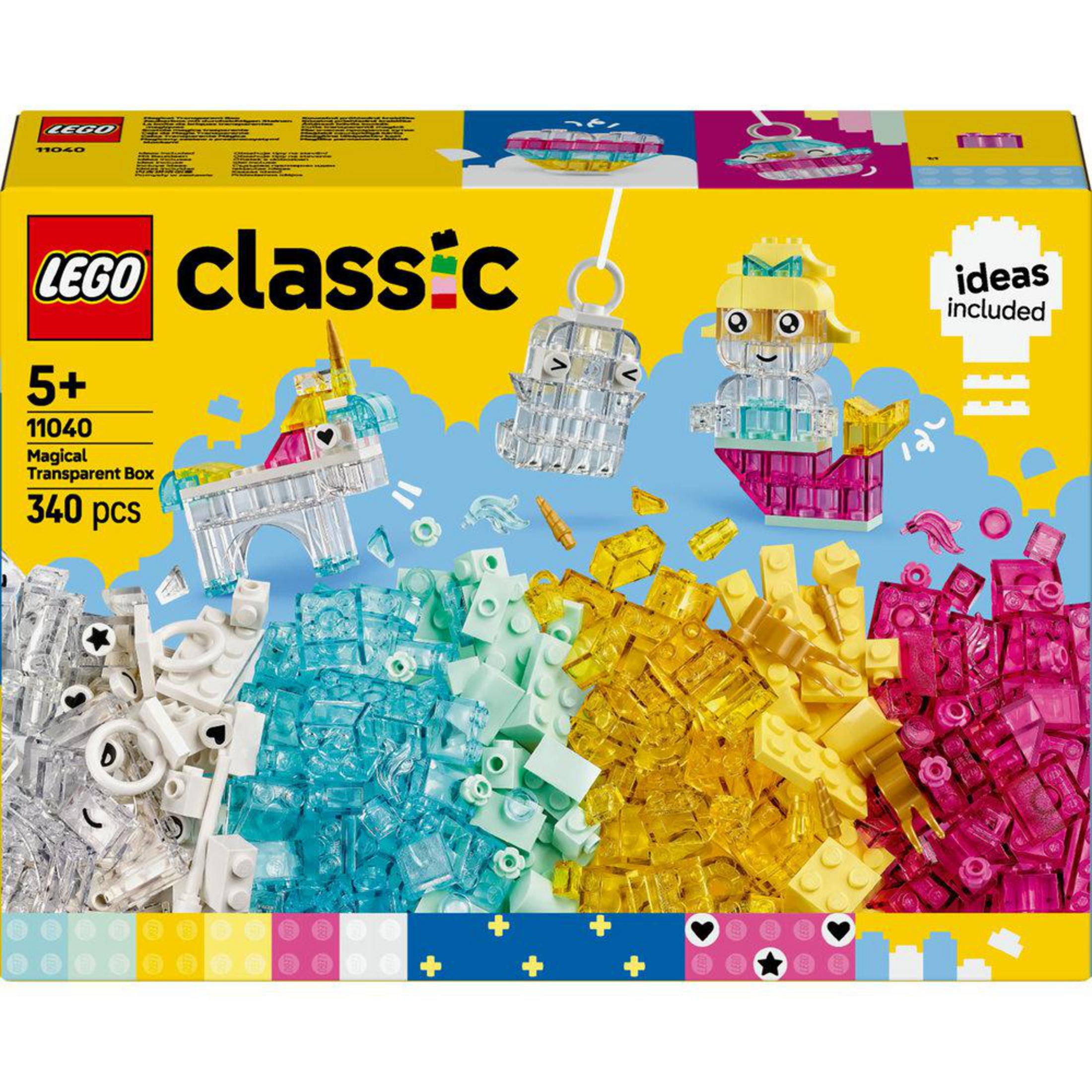 Una caja de Lego Classic con ladrillos y figuras coloridas, mostrando un unicornio y otros modelos.