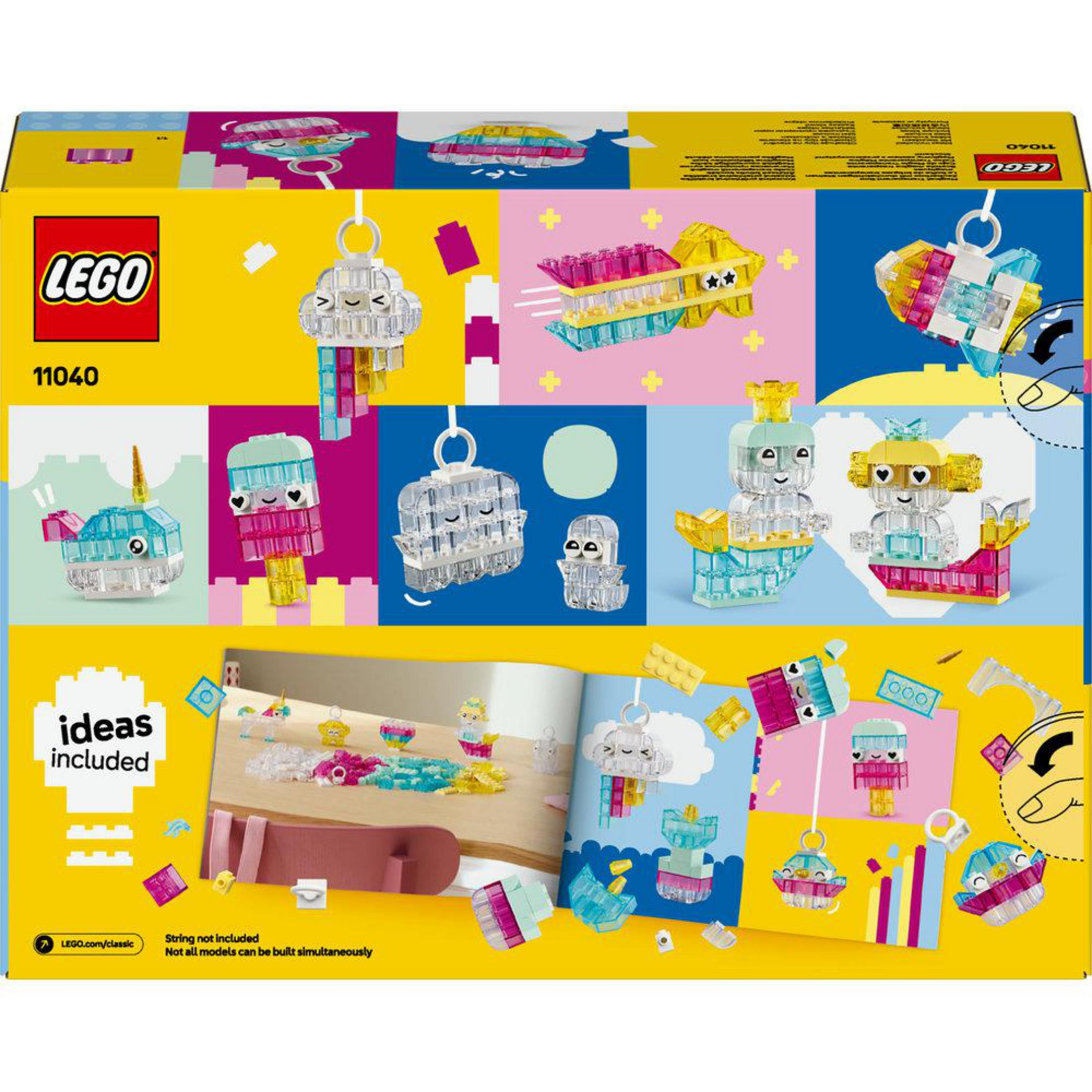 Parte trasera de una caja de LEGO mostrando varios modelos pequeños hechos con ladrillos de colores.