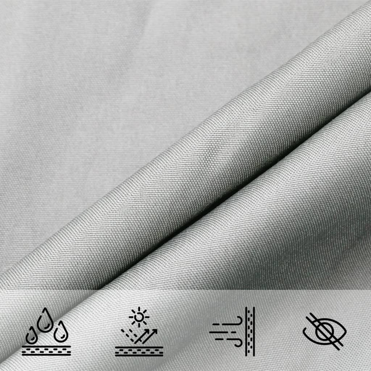 Nahaufnahme grauen Stoffes mit Gewebedetails. Symbole zeigen Wasserdichtigkeit, UV-Schutz, Luftdurchlässigkeit und Blickdichtheit.