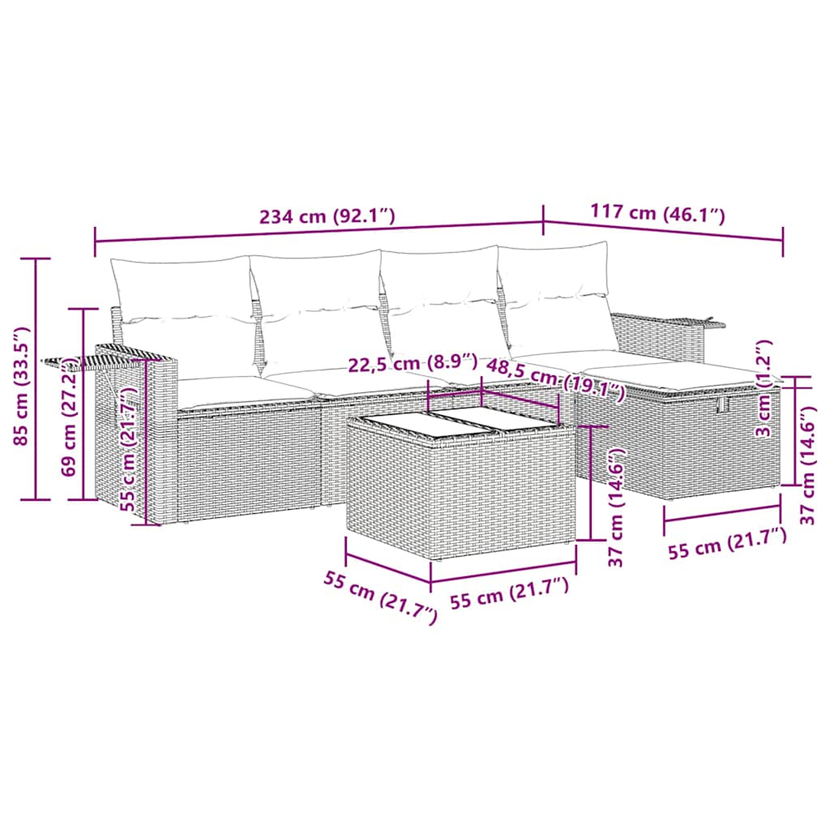 Korbmöbel-Ecksofa mit Ottomane. Maße werden angezeigt. Das Sofa ist braun.