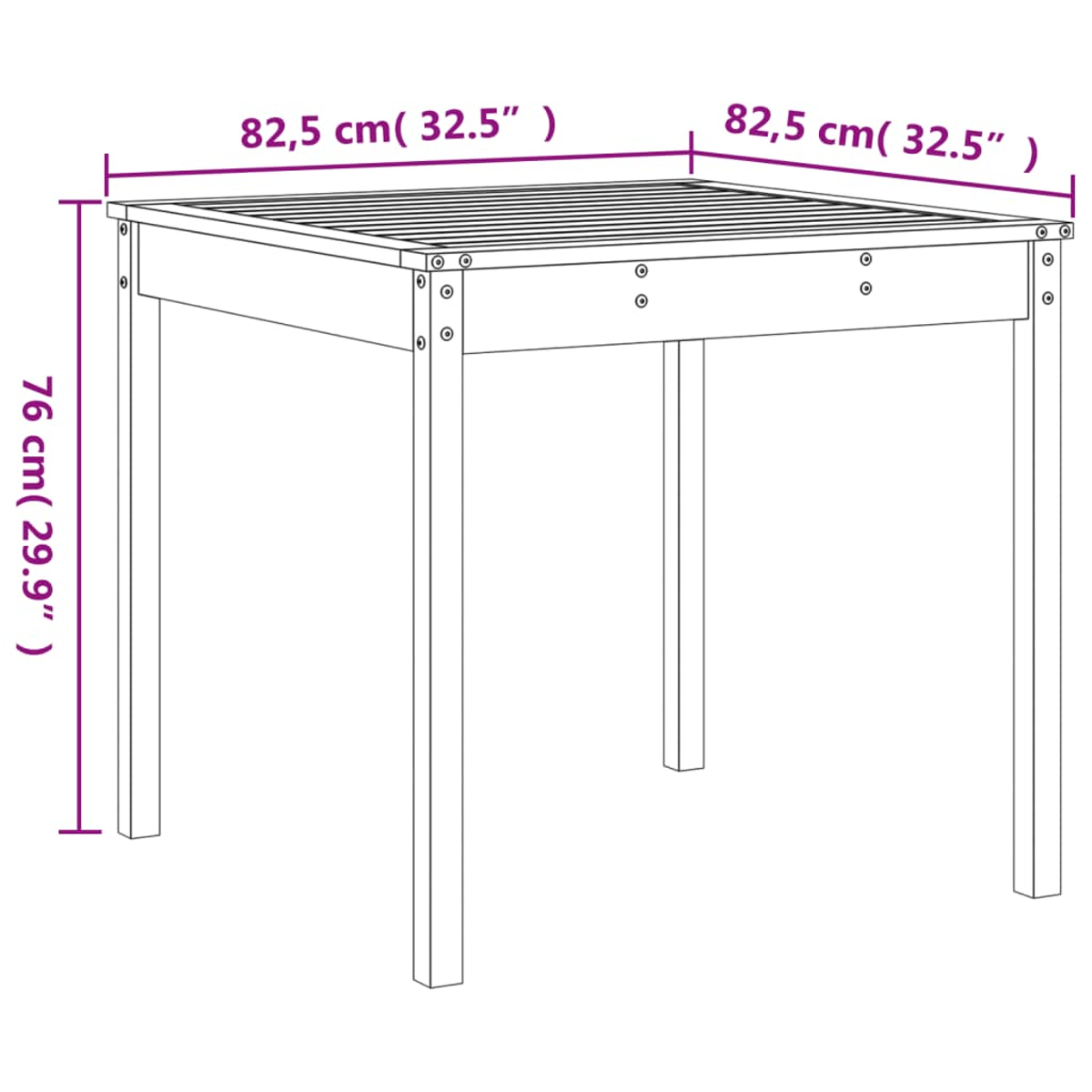 Quadratischer Holztisch mit Maßen. Der Tisch ist aus hellem Holz mit sichtbarer Maserung gefertigt.