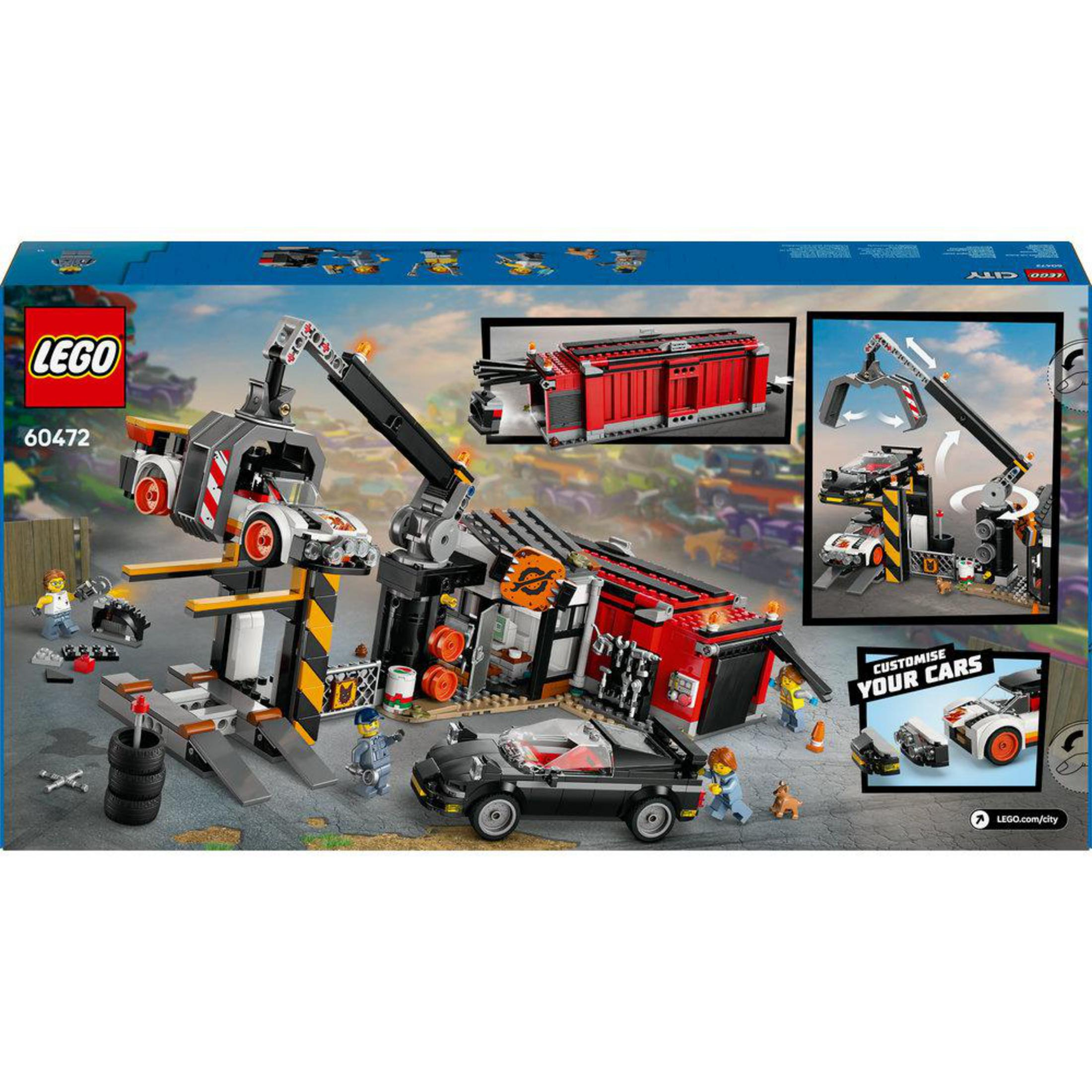 Set de caja LEGO City con estación de servicio, grúa, coches y minifiguras.