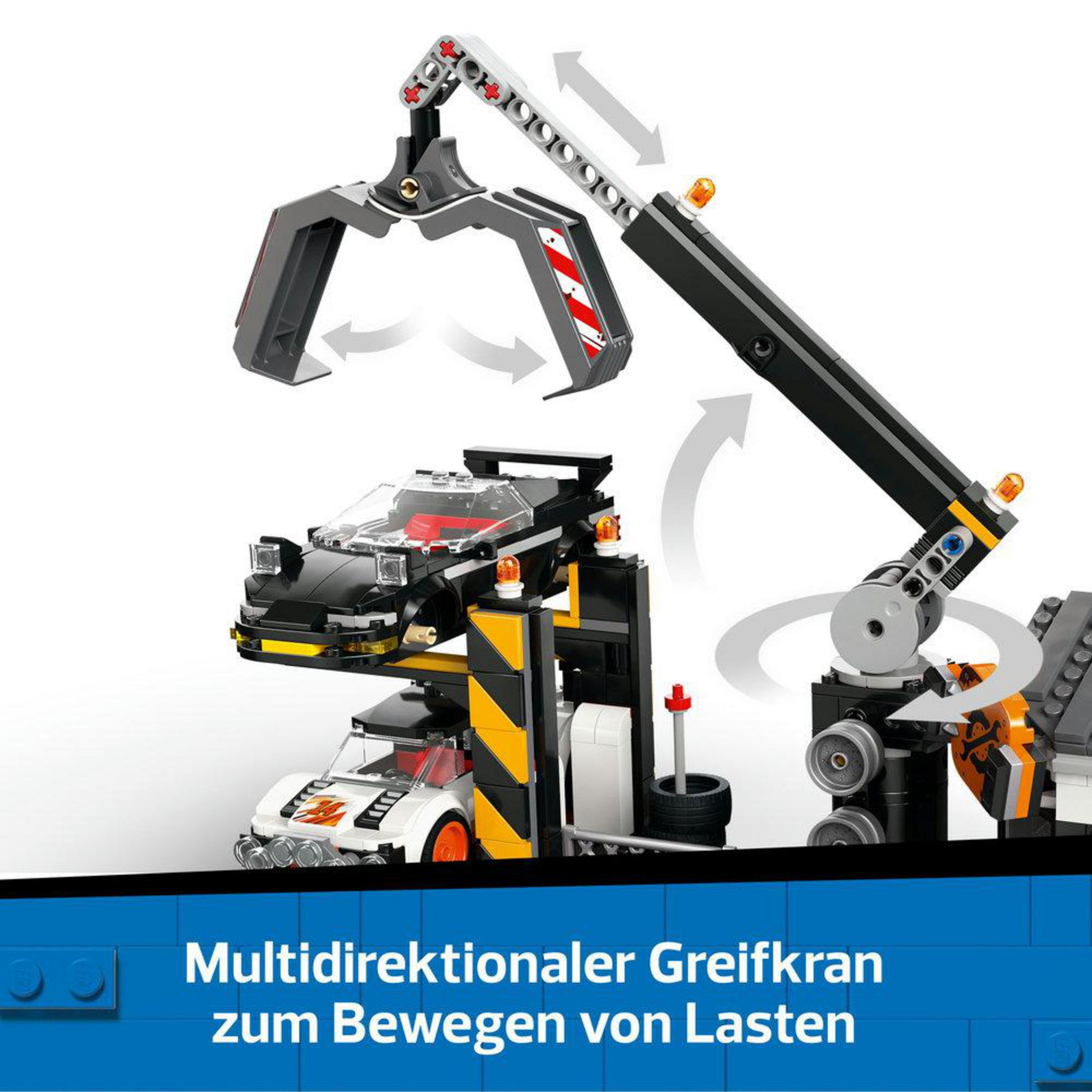 Zbliżenie dźwigu stacji obsługi samochodów LEGO podnoszącego samochód.