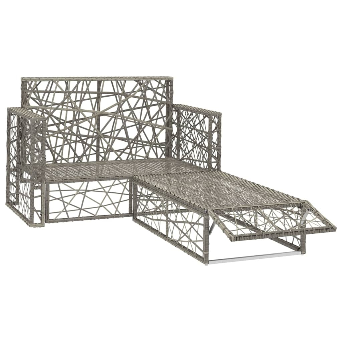 Ein graues Korbmöbelsofa mit angebauter Fußstütze. Das Sofa hat ein einzigartiges, offenes Webdesign.