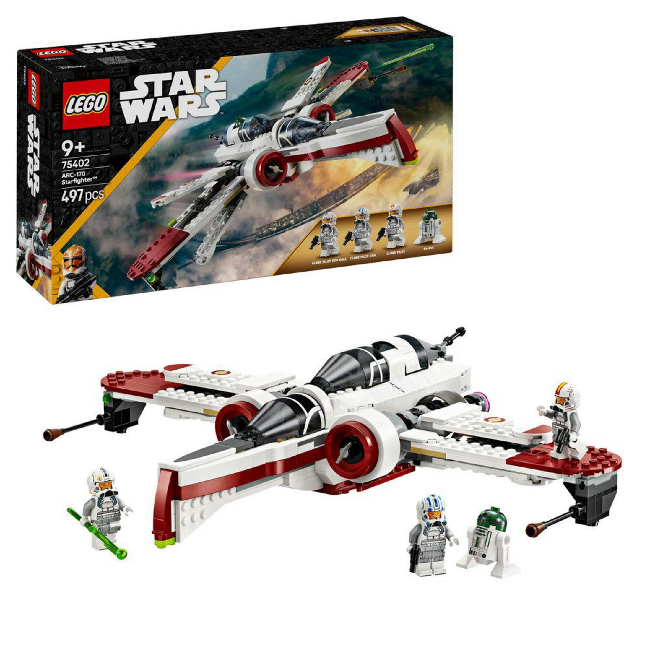 Una scatola del set Lego Star Wars e un modello costruito di un caccia stellare rosso e bianco con minifigure.
