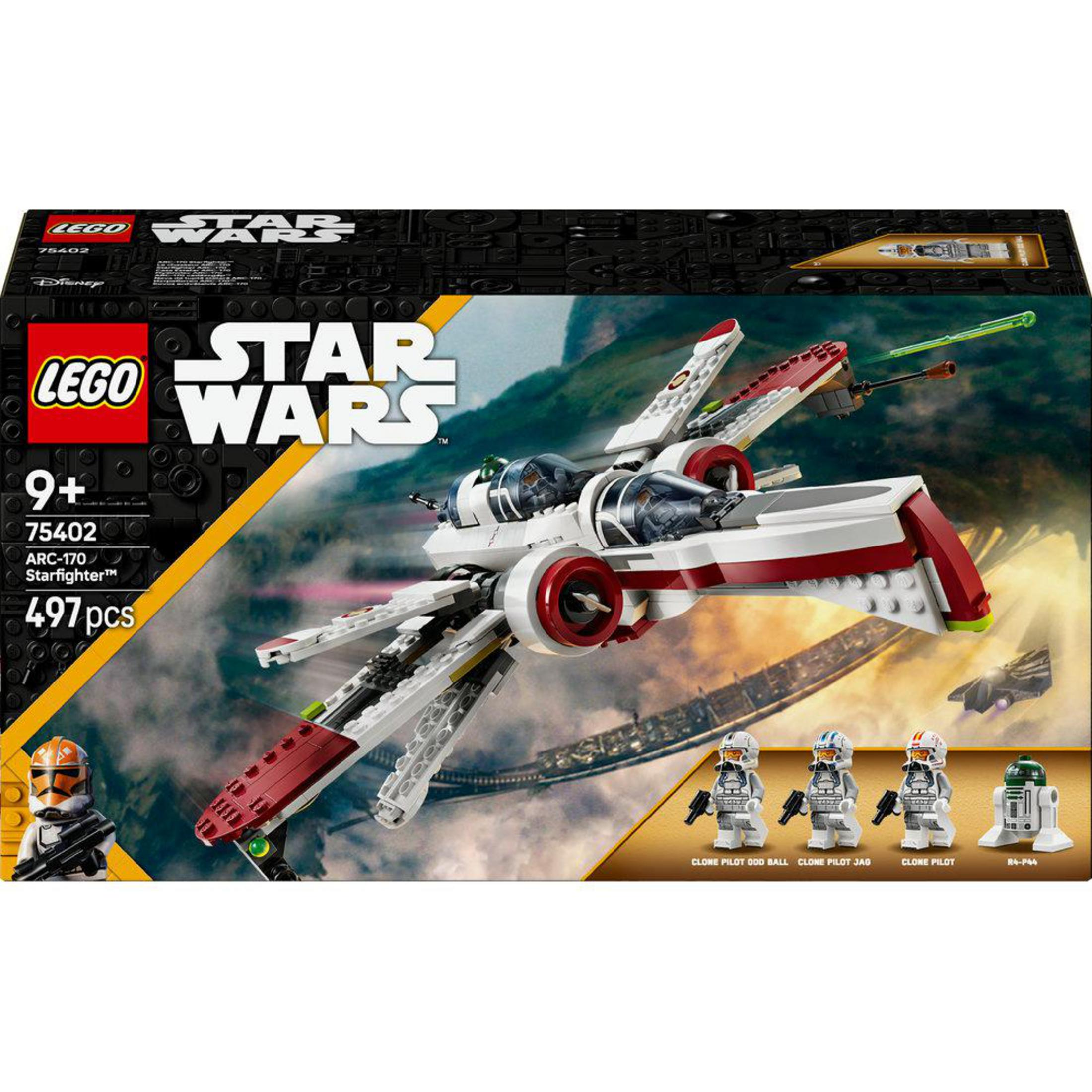 Scatola del set Lego Star Wars con un'astronave e minifigure. Lo sfondo è bianco.