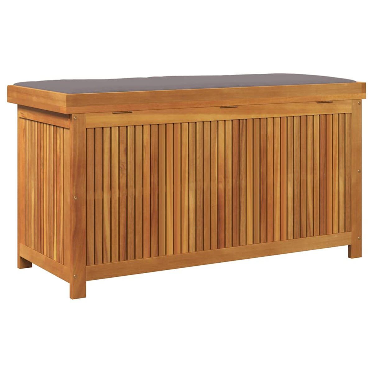 Eine Holz-Stauraumtruhe mit einem grauen Kissen oben. Das Holz hat eine hellbraune Farbe.