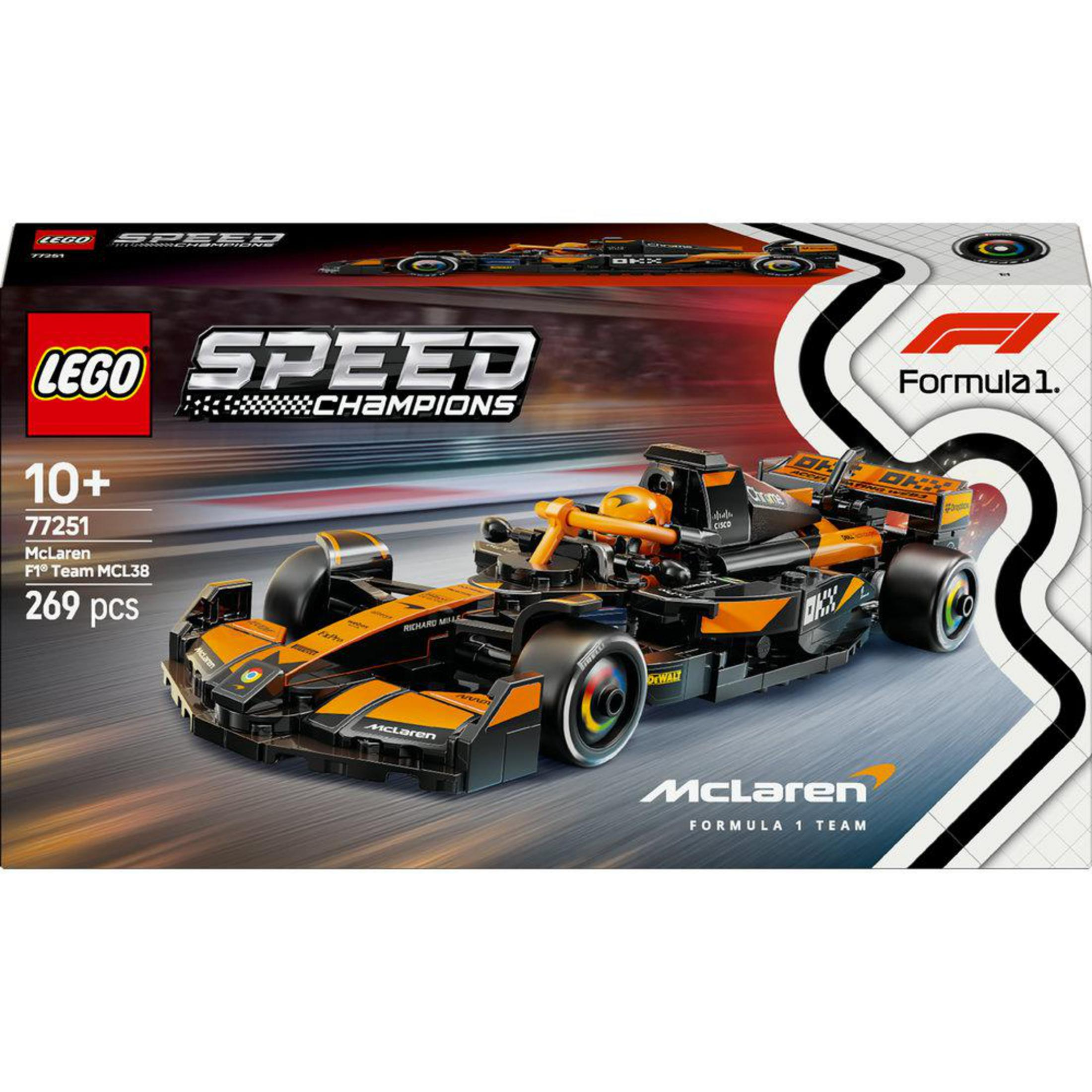 Pudełko LEGO Speed Champions z bolidem McLaren F1 z logo i szczegółami.