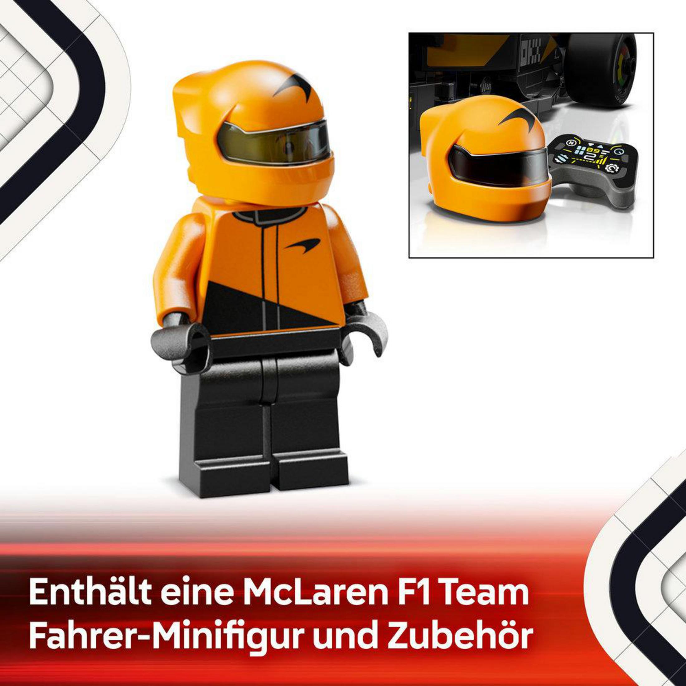 Figurka Lego kierowcy McLarena F1, z kaskiem i urządzeniem sterującym.