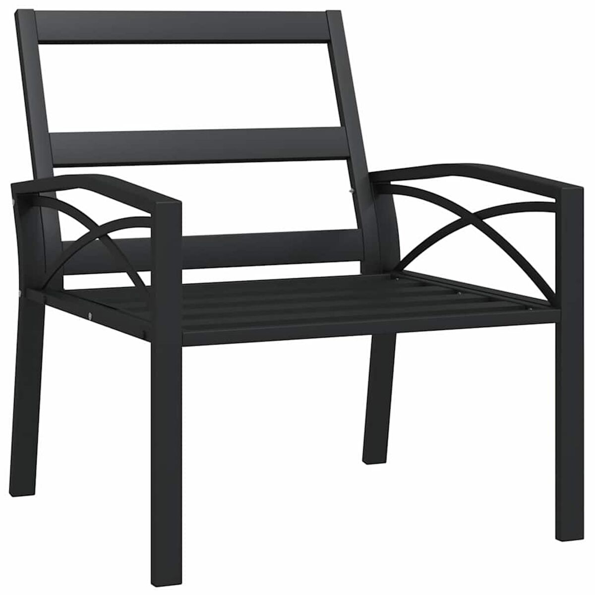Schwarzer Metall-Outdoor-Stuhl mit Lattenrost und Rücken.