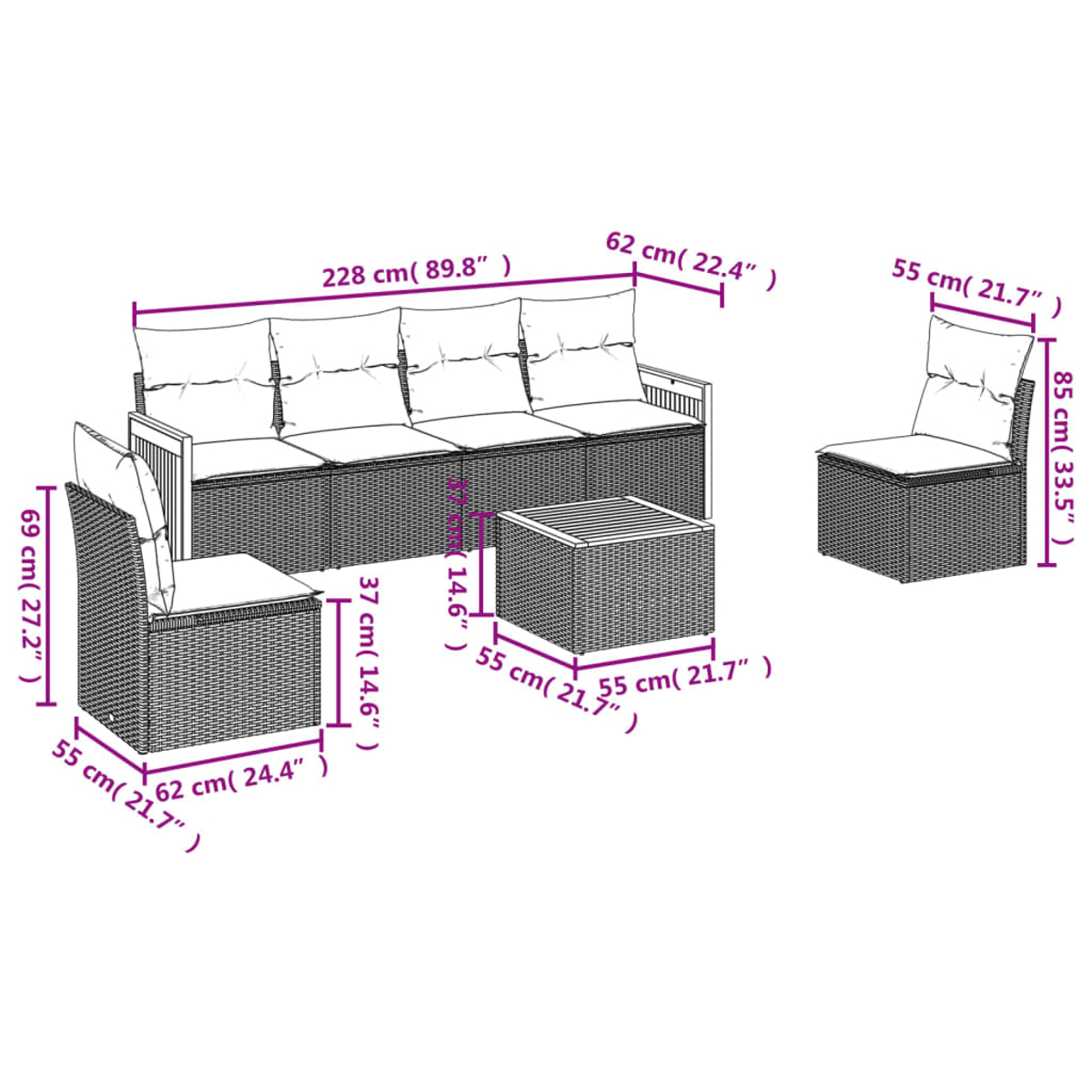 Gartenmöbel-Set aus Korbgeflecht mit Maßangaben. Enthält Sofa, Stuhl und Couchtisch.