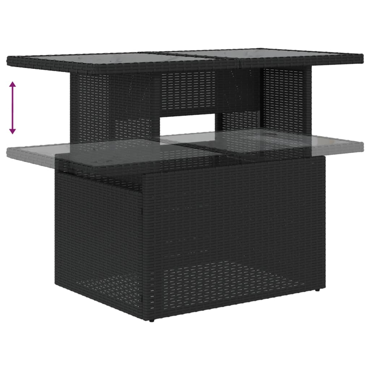 Schwarzer Tisch mit aufsteigender Platte. Sichtbare Schichten des Tisches.