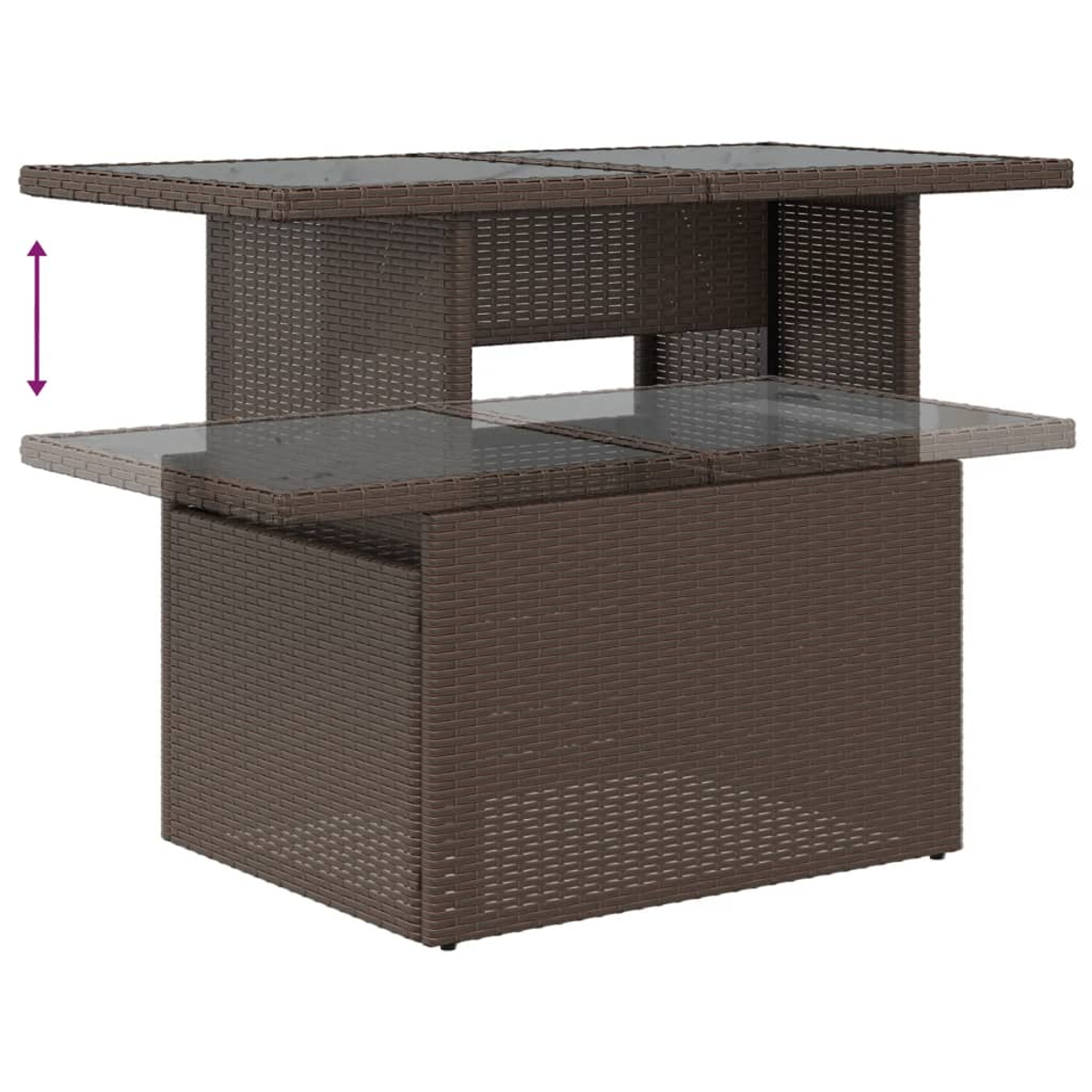 Tavolo in rattan marrone con piano in vetro, design espandibile.