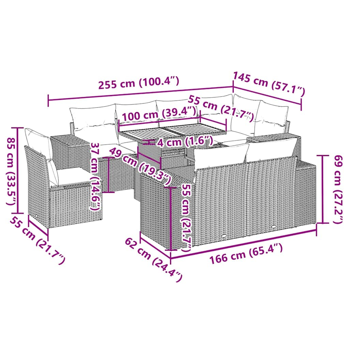 Diagramma di un set da patio esterno con dimensioni in centimetri e pollici.