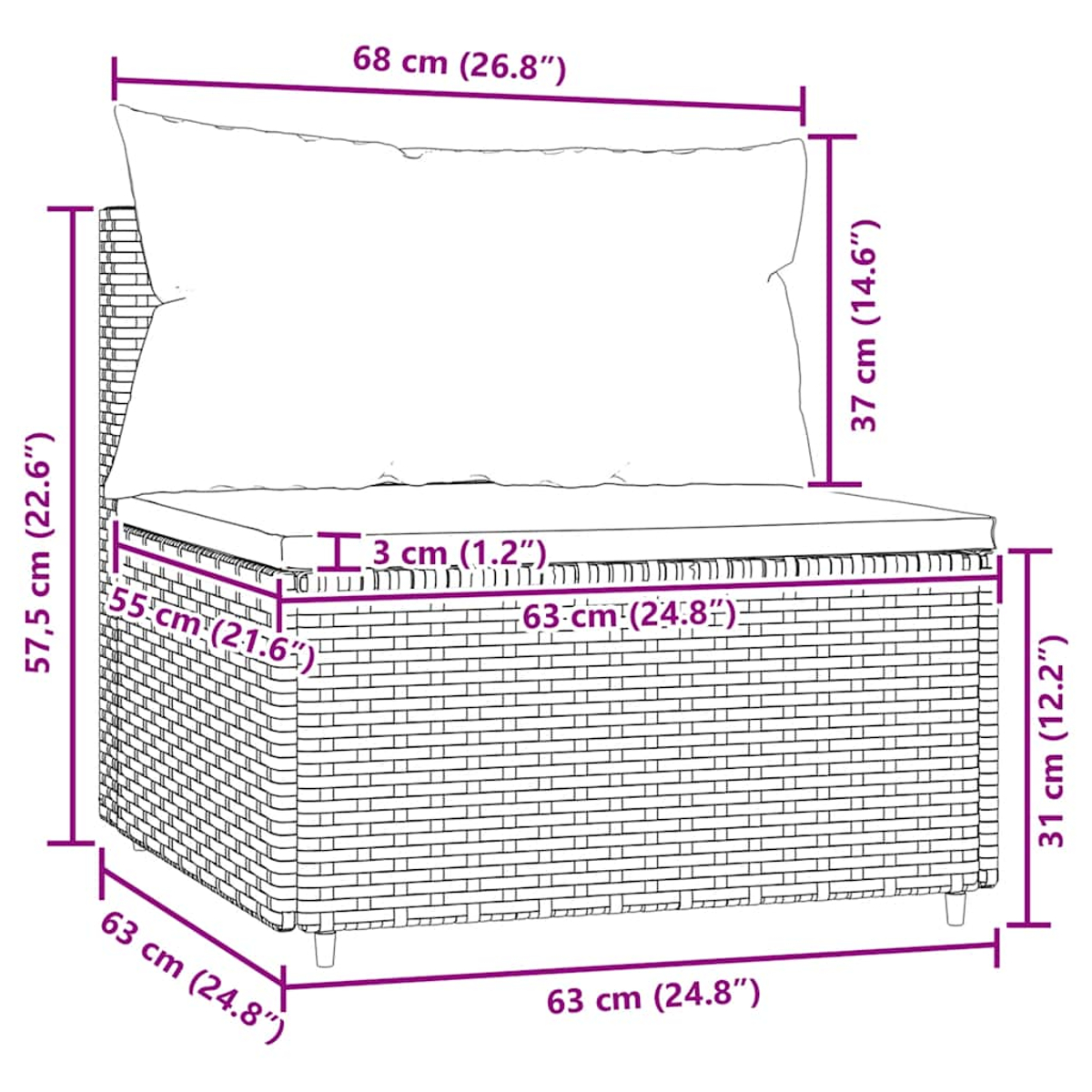 Detaillierte Diagramm einer Korbsitzbank im Freien mit Maßangaben in cm und Zoll.