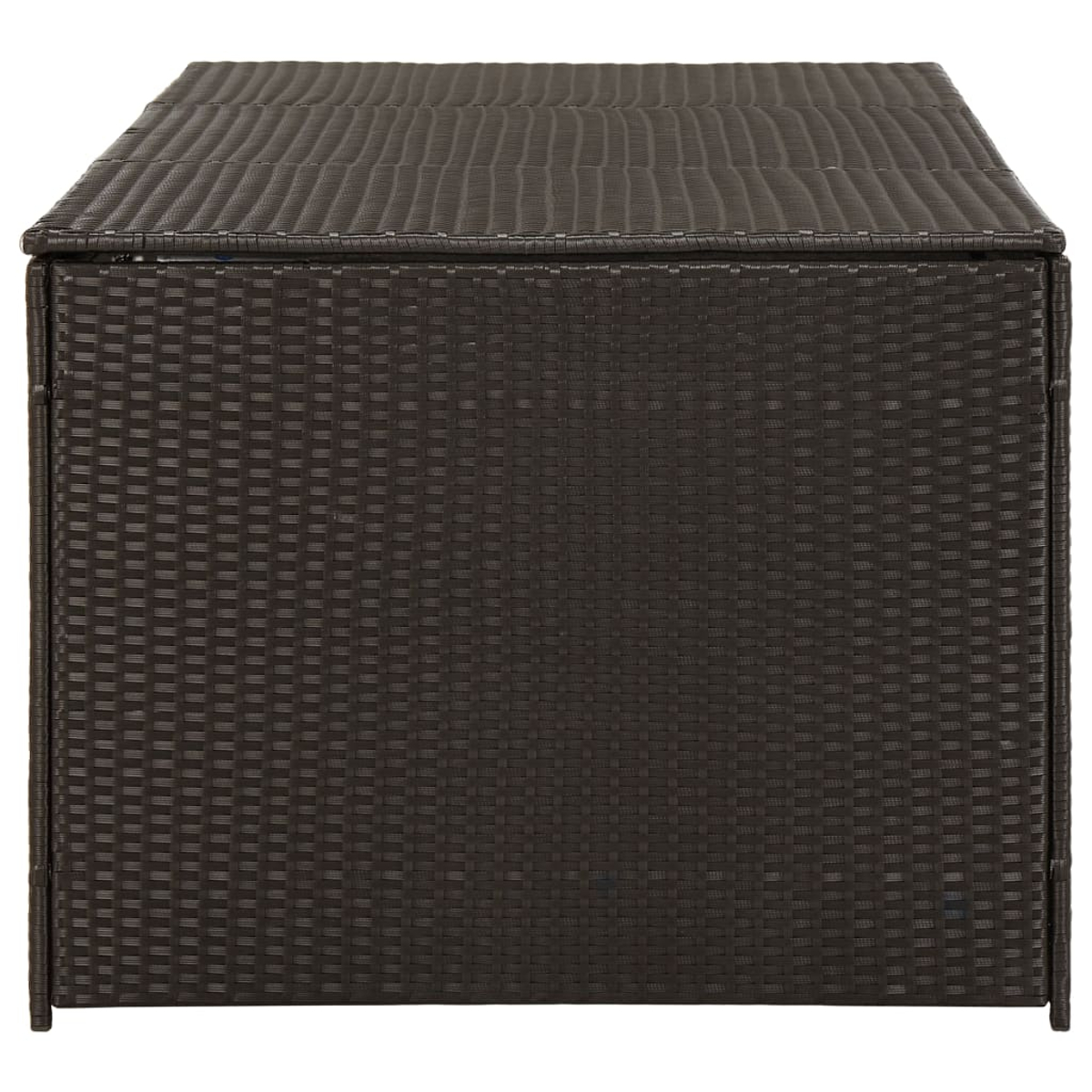 Eine dunkelbraune Aufbewahrungsbox aus Korbgeflecht mit Deckel.