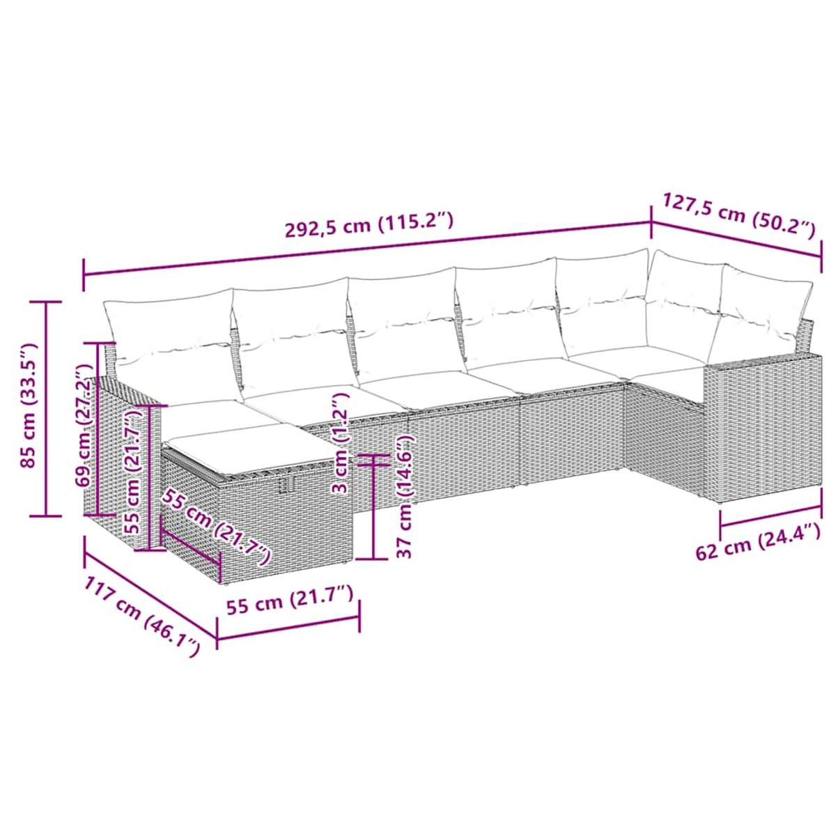 Diagramm eines modularen Outdoor-Sofas mit Abmessungen in cm und Zoll, das Länge und Breite zeigt.