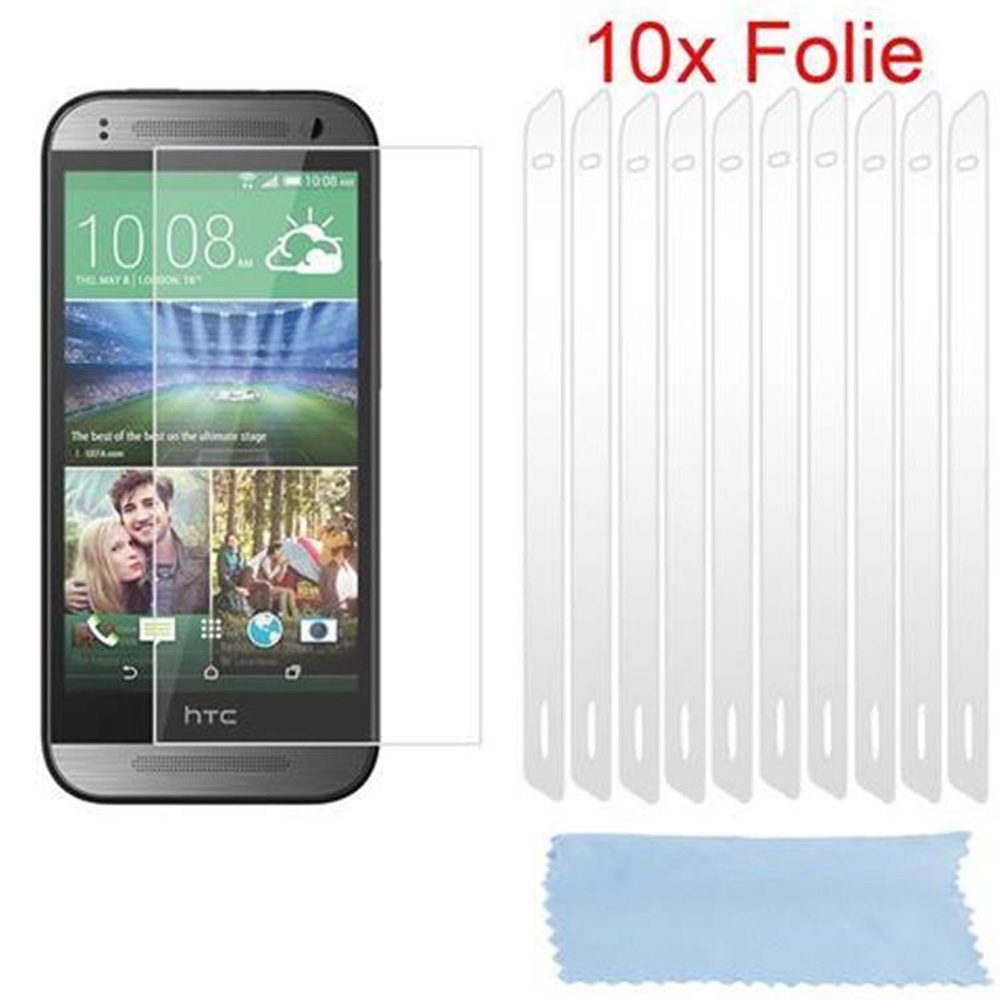 Un smartphone con protector de pantalla, 10 películas protectoras y un paño de limpieza se muestran sobre fondo blanco.