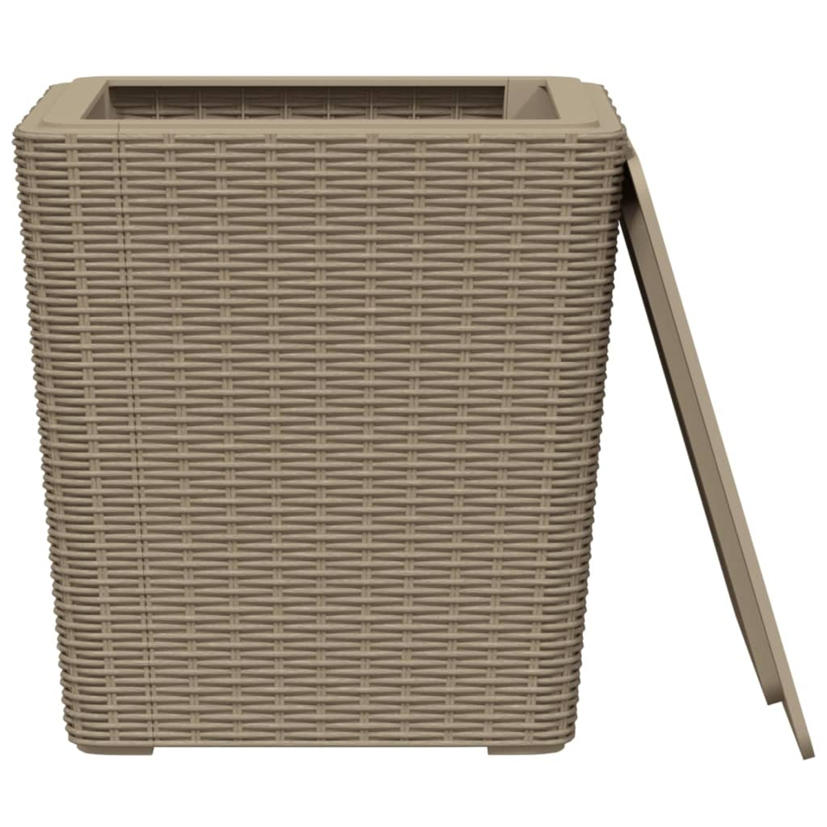 Beige Aufbewahrungsbox aus Korbgeflecht mit teilweise geöffnetem Deckel. Seitenansicht.