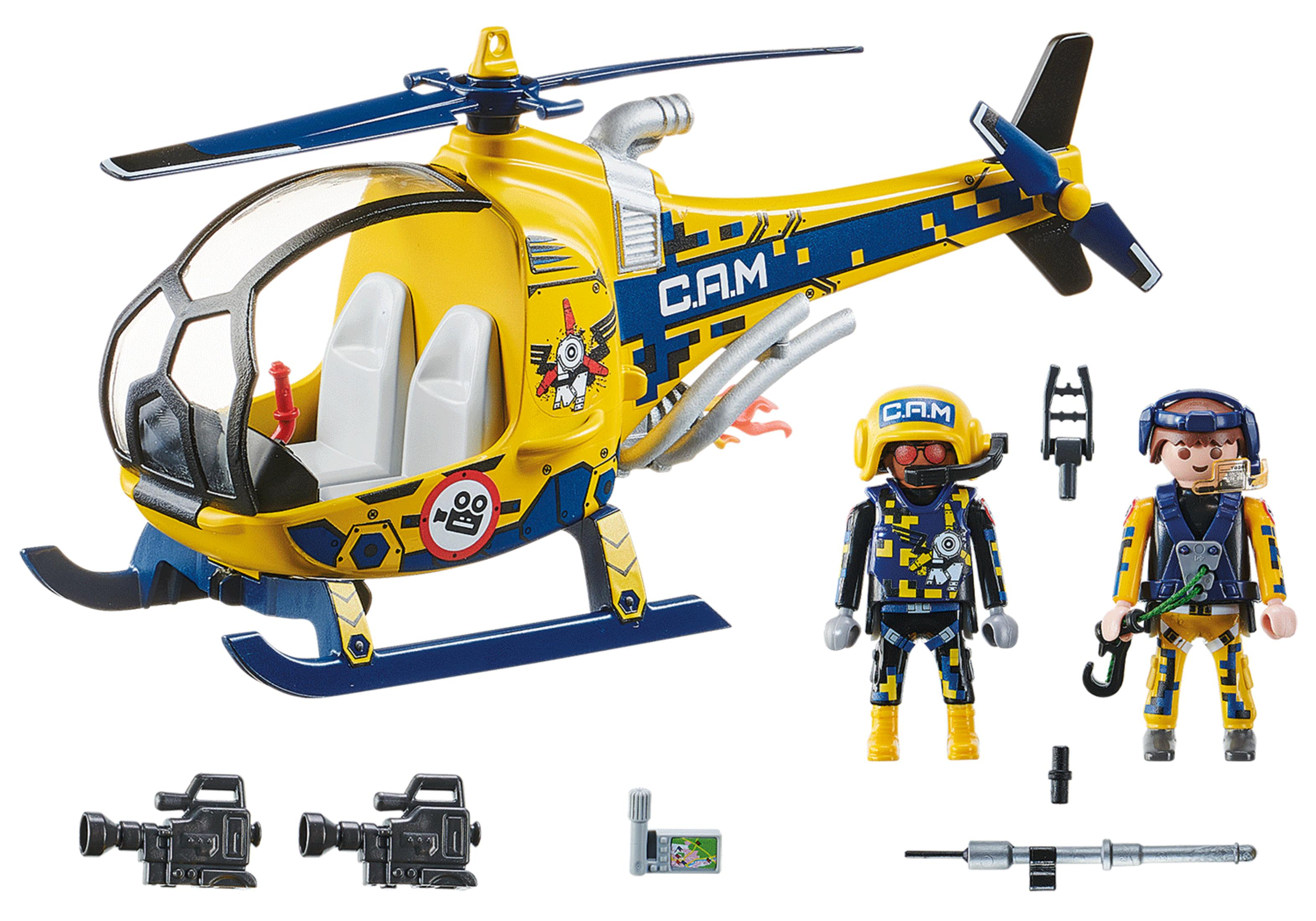 Ein gelbes Helikopterspielzeug mit zwei Figuren und Zubehör. Der Hubschrauber hat 'C.A.M' darauf.