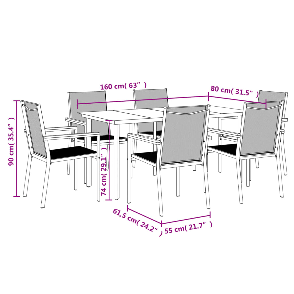 Ein Esszimmer-Set mit Abmessungen. Es umfasst einen Tisch und Stühle.