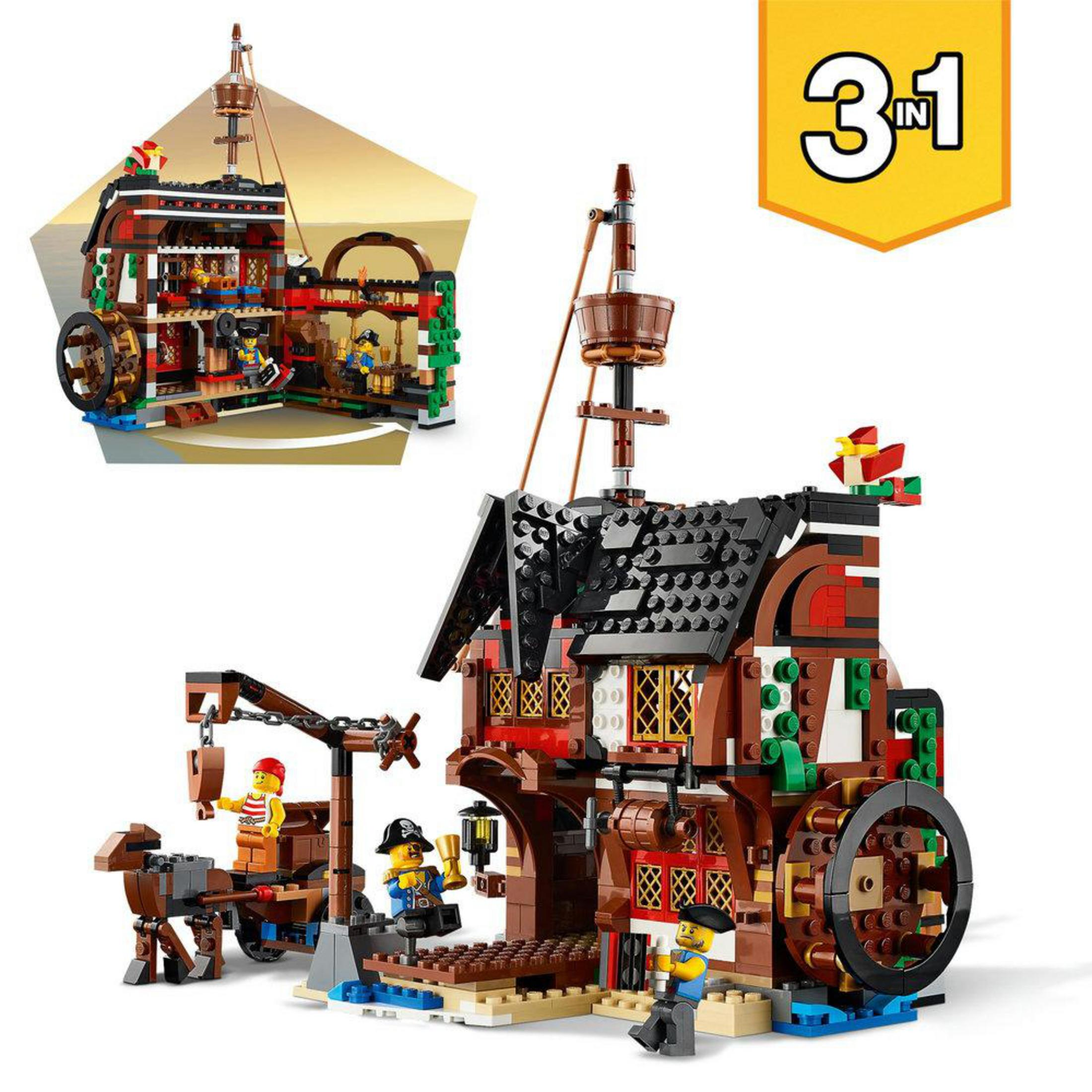 Zabawka Lego piracki statek. Scena przedstawia szczegółową scenę piracką.