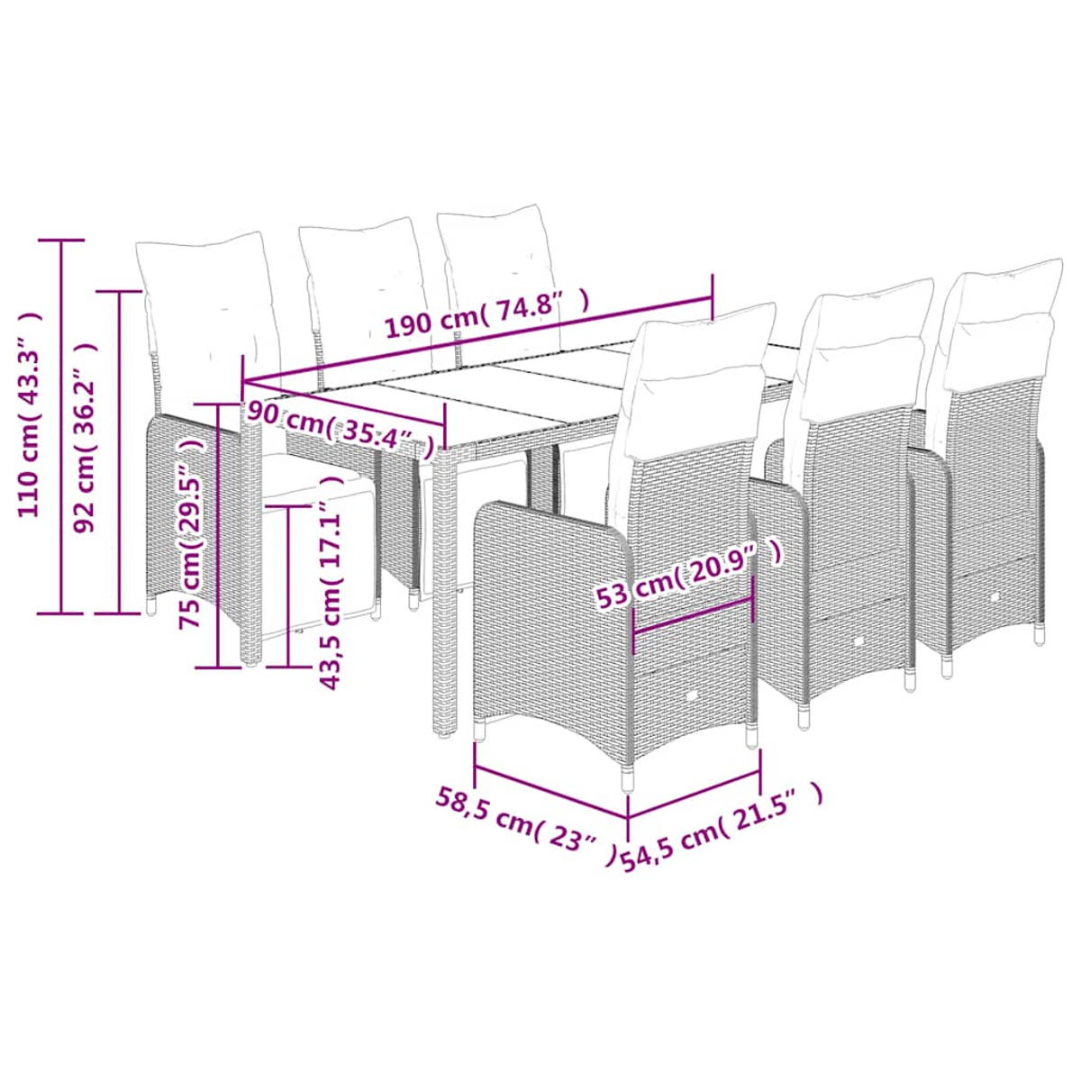 Un set da pranzo con dimensioni visualizzate. Include un tavolo e sedie con cuscini.