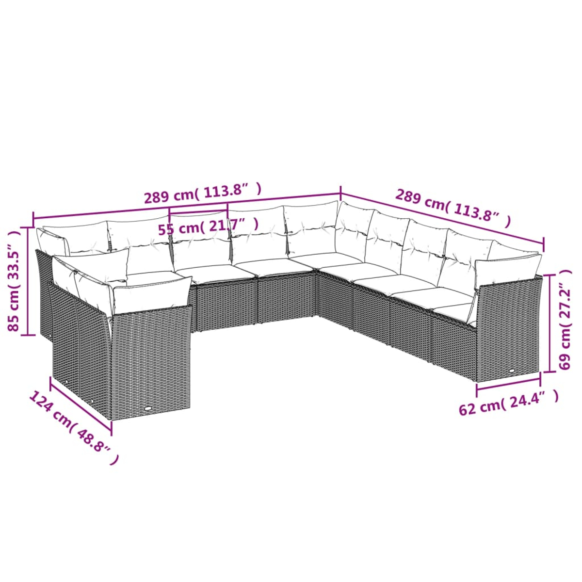 Großes, graues Rattan-Ecksofa mit weißen Kissen, Abmessungen angegeben.