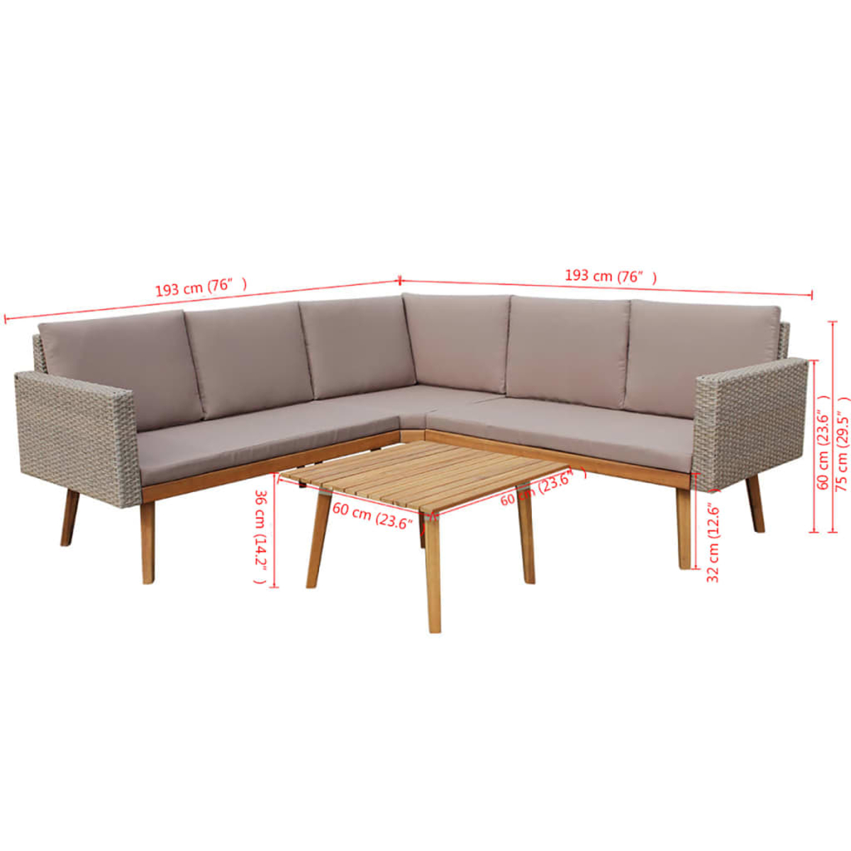 Korbssofa-Set mit Holztisch. Abmessungen sind angegeben.