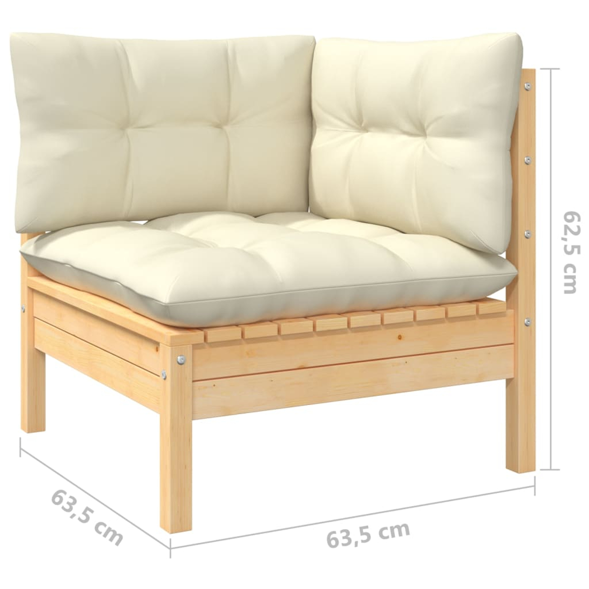 Ecksofa aus Holz mit Kissen. Abmessungen sind beschriftet. Konstruktion aus hellem Holz.