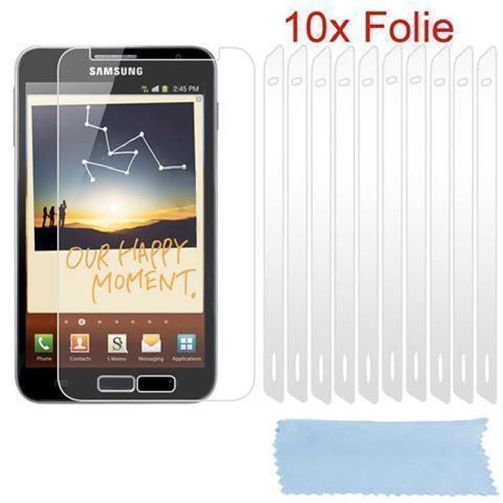 Telefono Samsung con protezione schermo e 10 protezioni schermo con un panno per la pulizia.