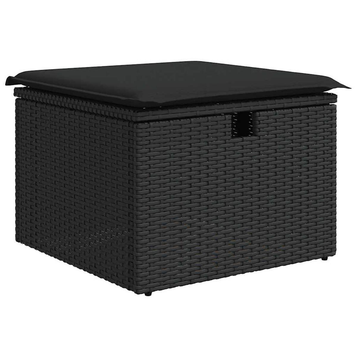 Un contenitore in rattan nero con un cuscino nero sopra.