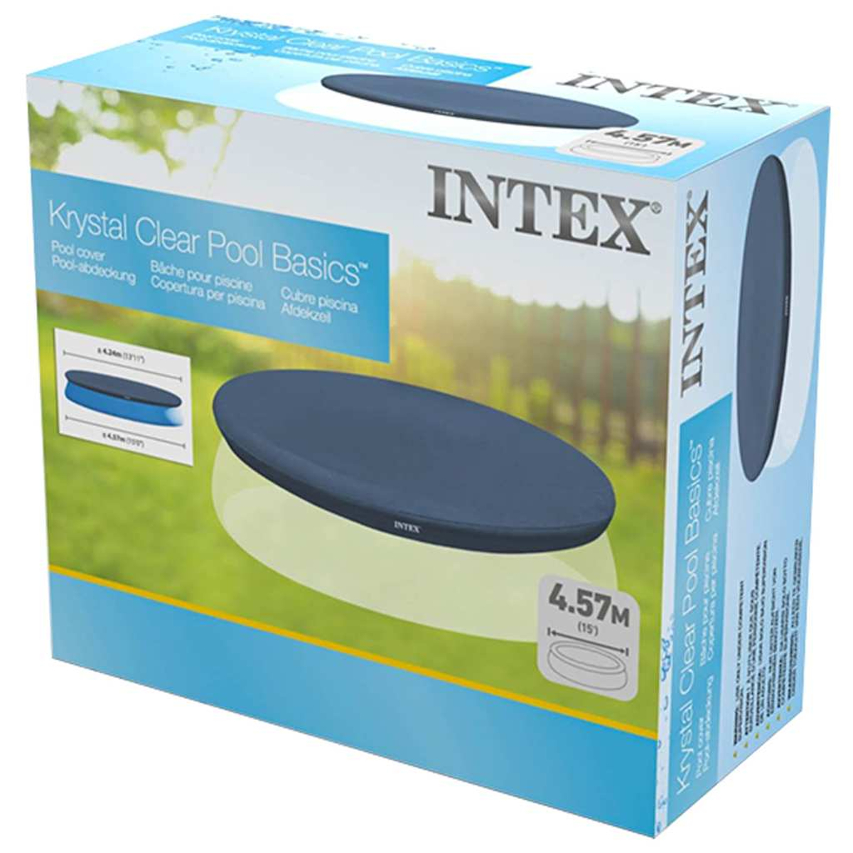 Box für eine Poolabdeckung. Blaue Poolabdeckung in der Box, mit Maßen an der Seite.