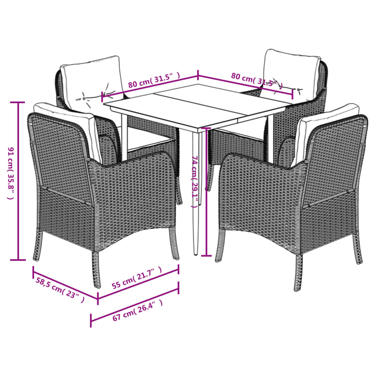 Geflochtenes Esszimmer-Set für draußen mit Tisch und vier Stühlen.