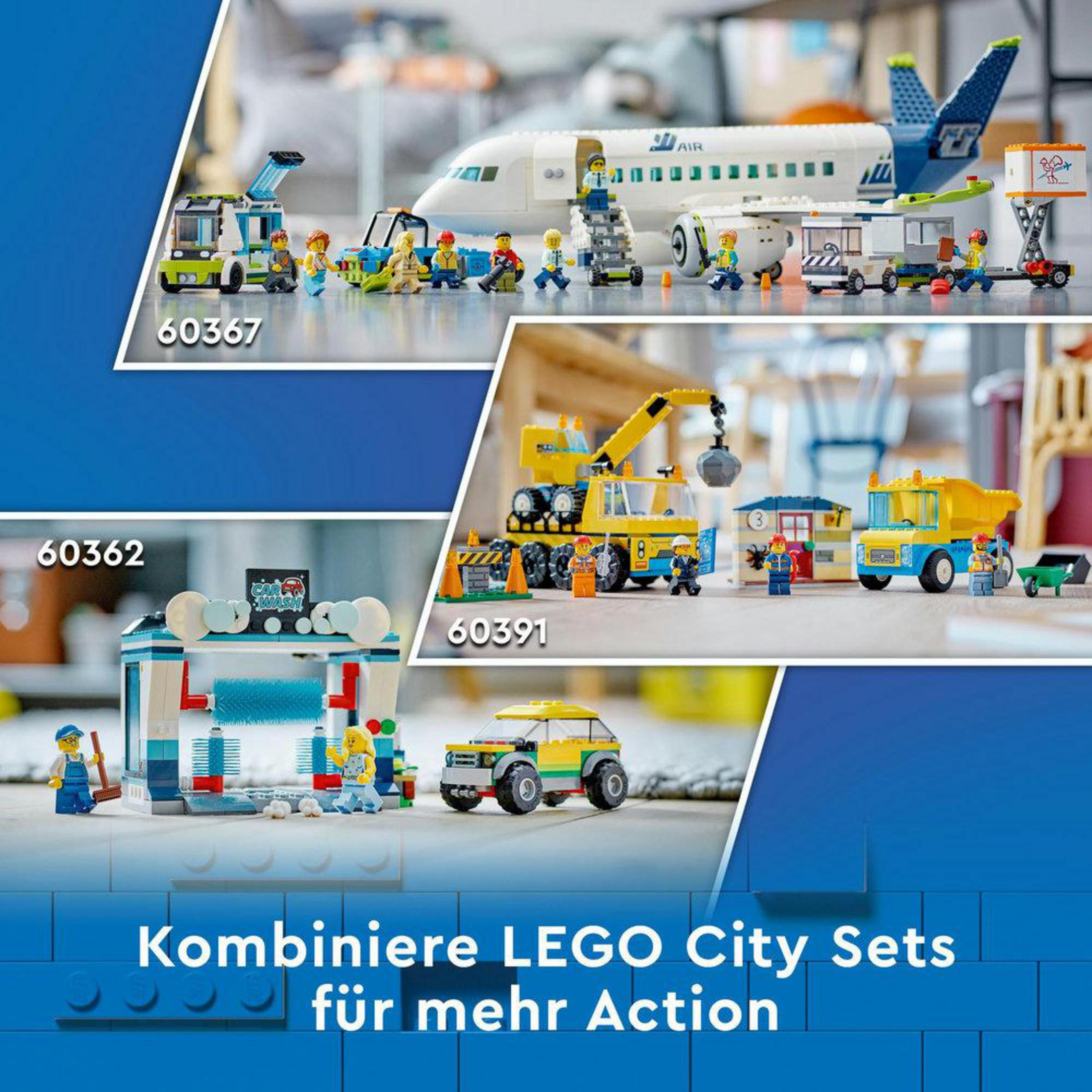 Kolaż zestawów LEGO City. Zawiera samolot, myjnię samochodową, dźwig oraz inne figurki i pojazdy LEGO.