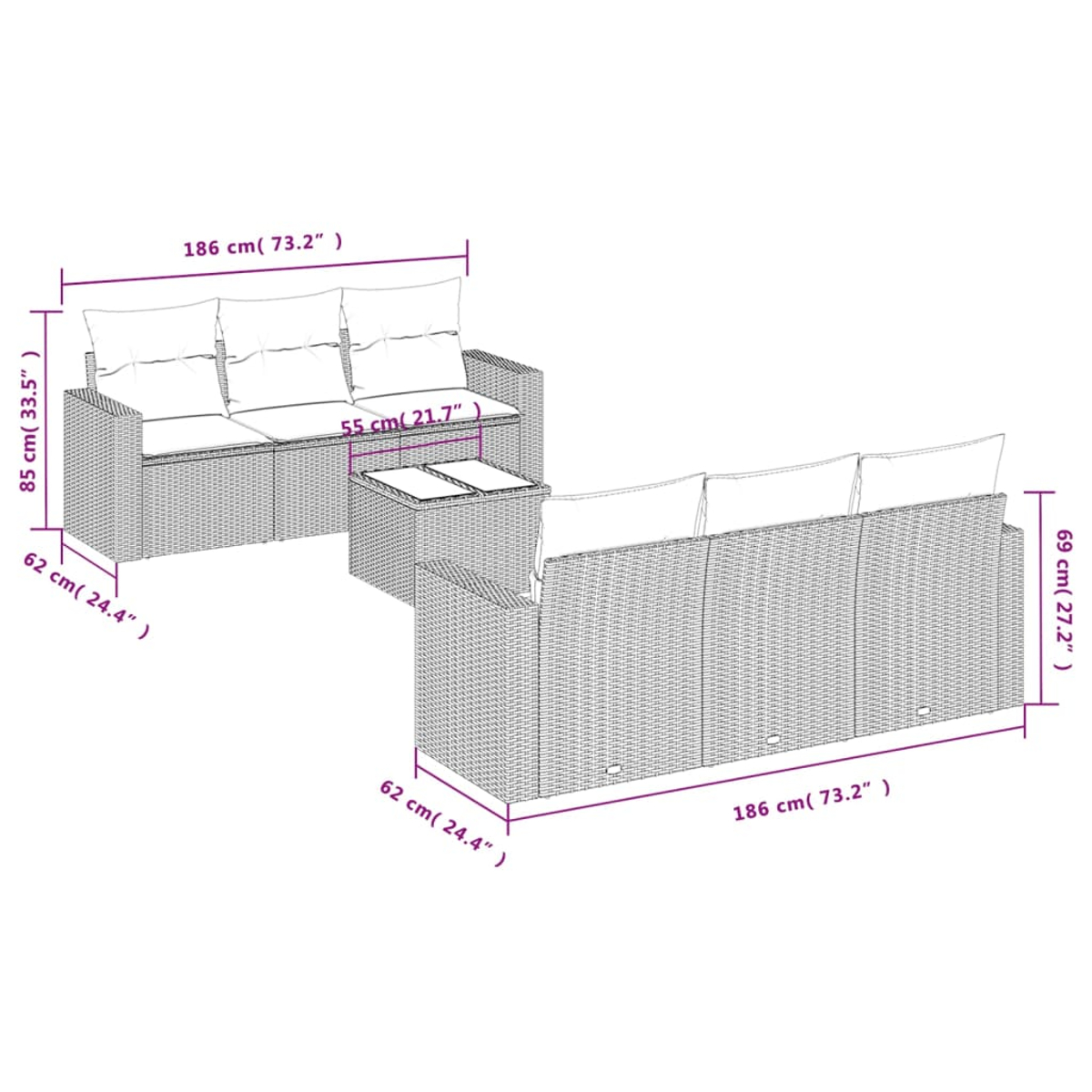 Set divano in rattan da esterno con dimensioni. Include un divano a tre posti e un tavolo.