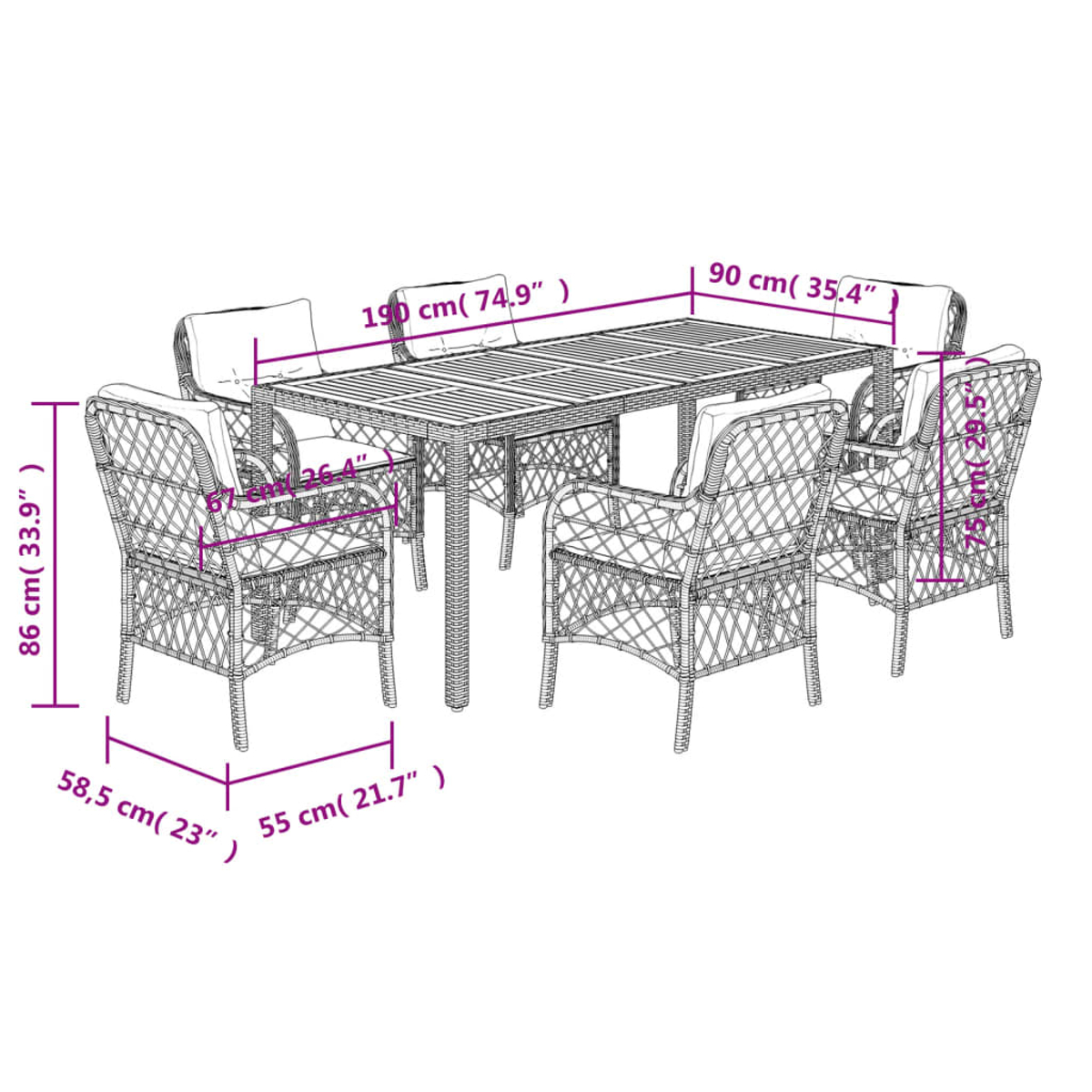 Set da pranzo in vimini per esterni con tavolo e sei sedie. Le dimensioni sono indicate nell'immagine.