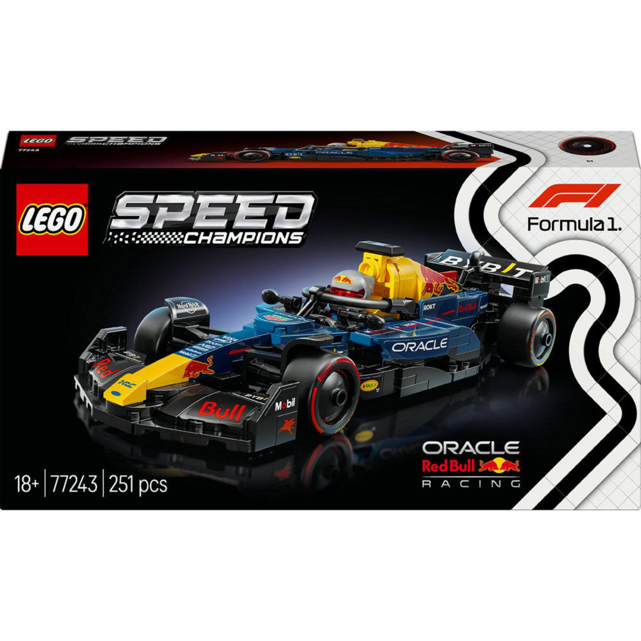 Pudełko LEGO Speed Champions z modelem samochodu wyścigowego Red Bull, ze szczegółami i logo LEGO.