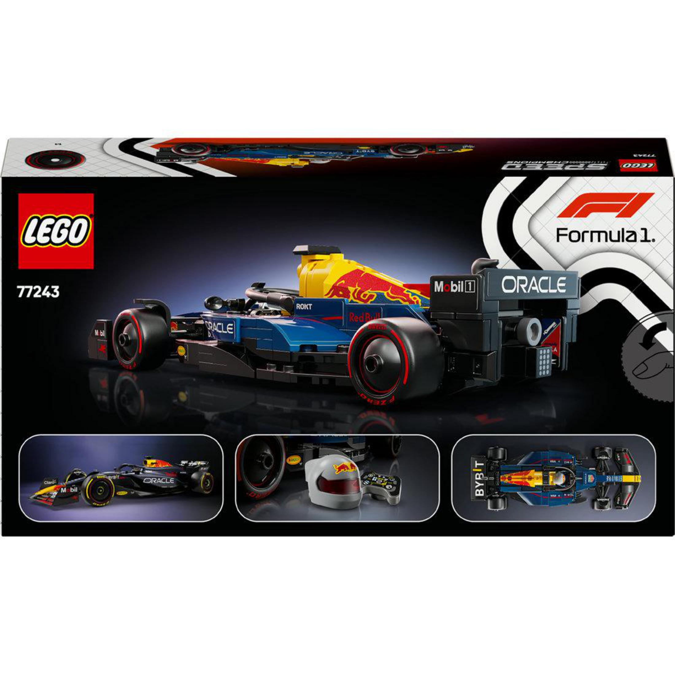 Pudełko zestawu LEGO. Pudełko przedstawia model samochodu wyścigowego Red Bull, ze szczegółami i logo LEGO.