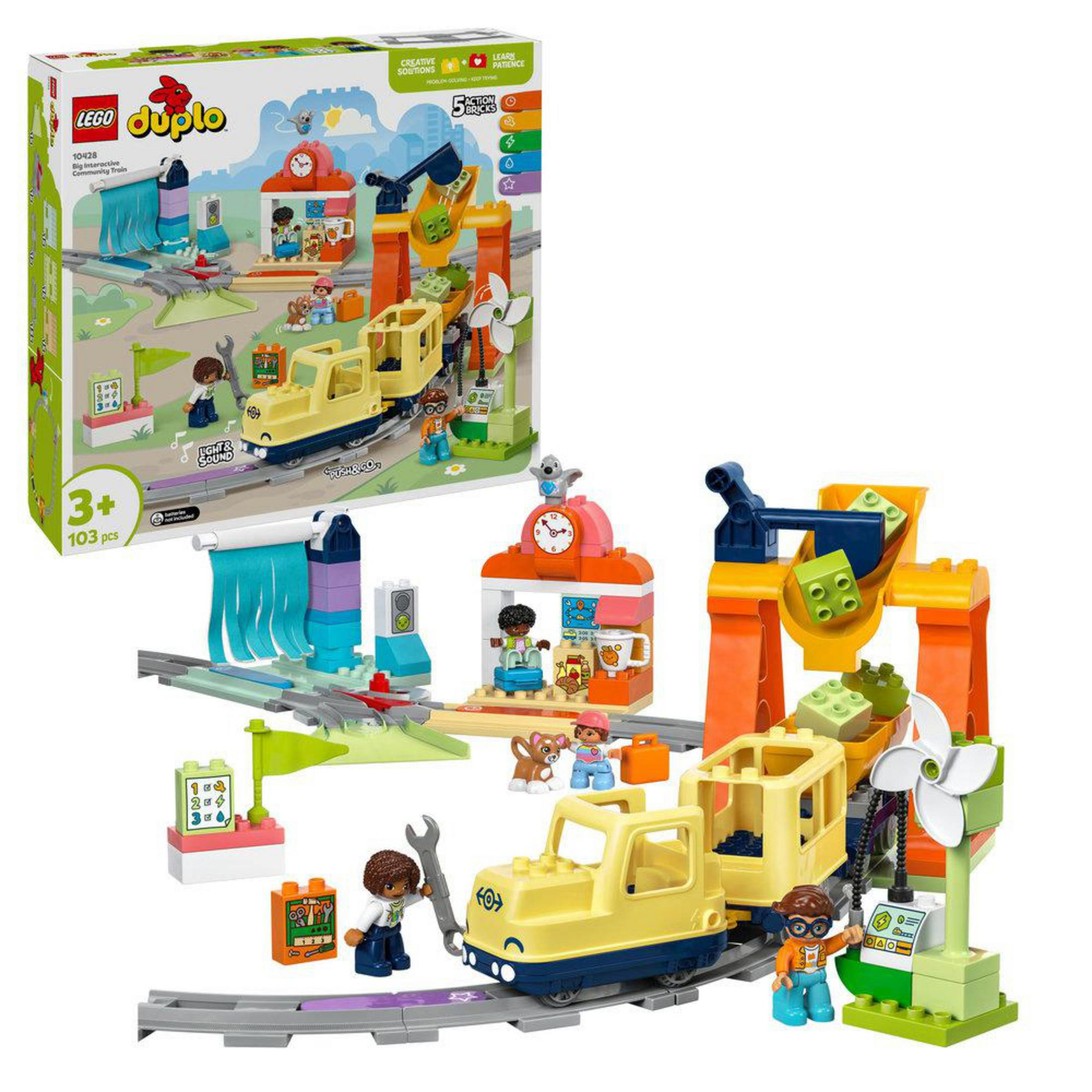 Scatola del set LEGO Duplo: Un trenino con personaggi ed elementi colorati e una scatola.
