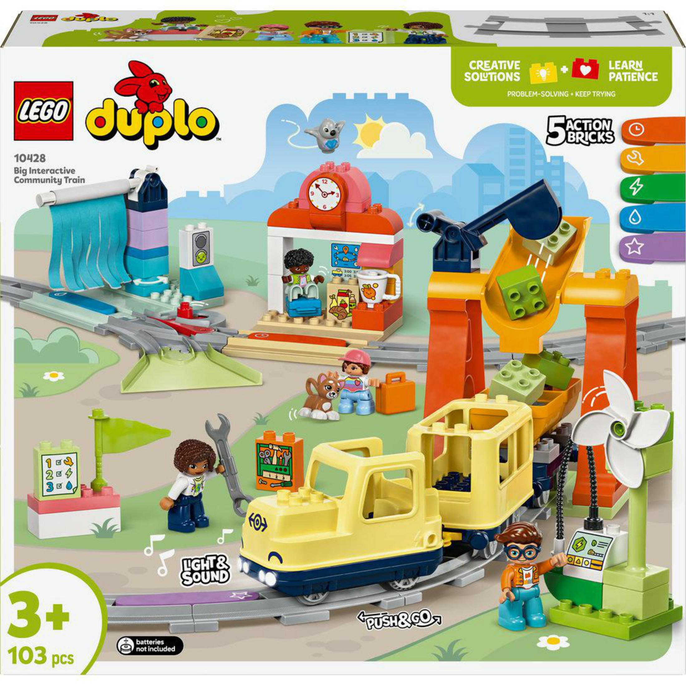 Scatola del set LEGO Duplo: Un trenino con personaggi ed elementi colorati. La scatola è visibile.