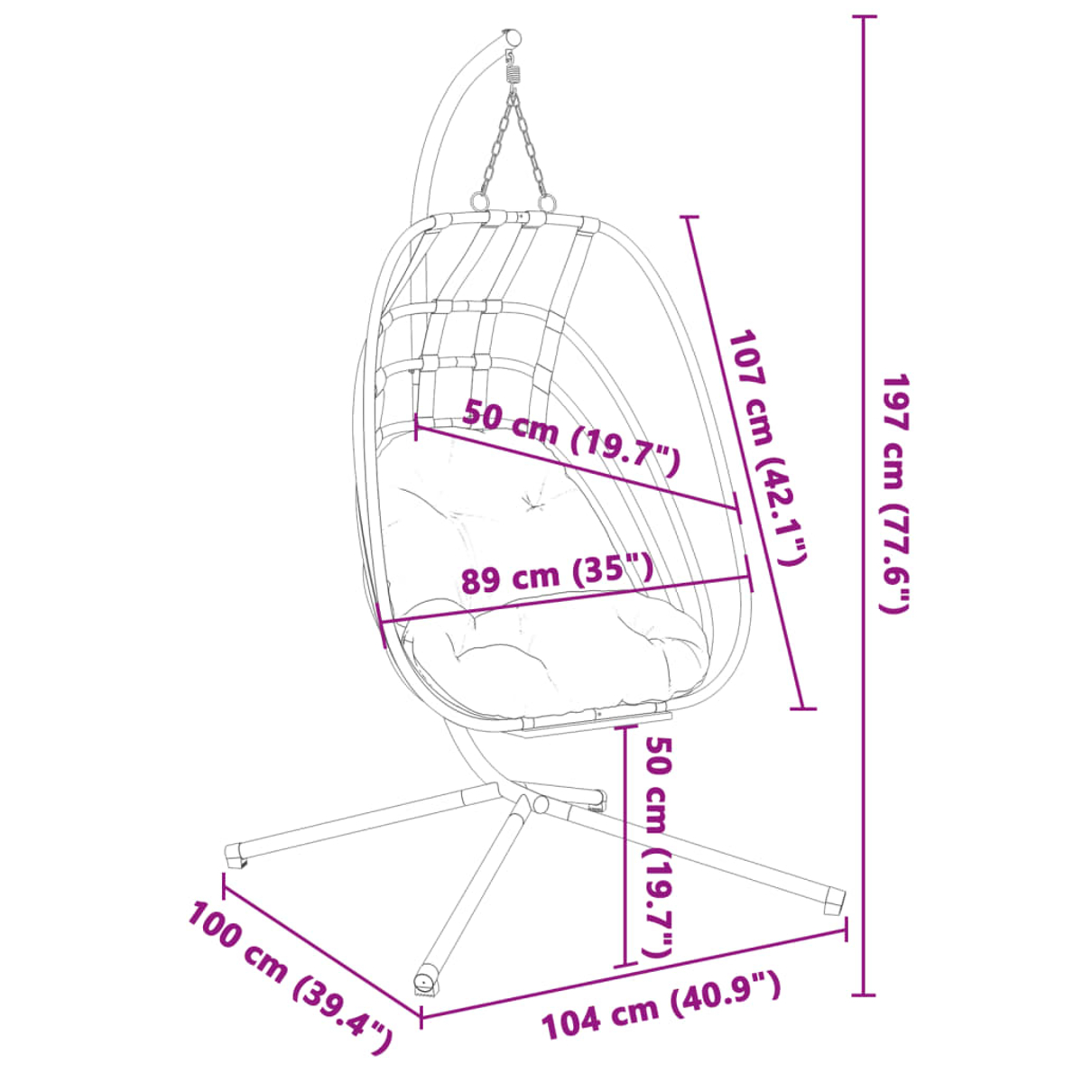Ein Hängesessel aus gewebtem Material. Es ist weiß mit einem Metallrahmen.