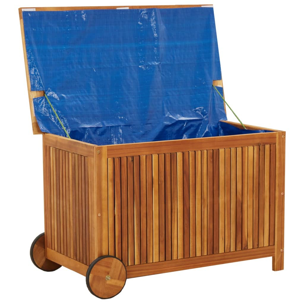 Holz-Truhe mit blauem Innenraum. Offener Deckel mit Rädern.