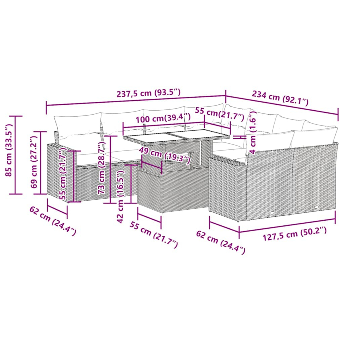 Un set di divani da esterno in rattan con dimensioni in centimetri.