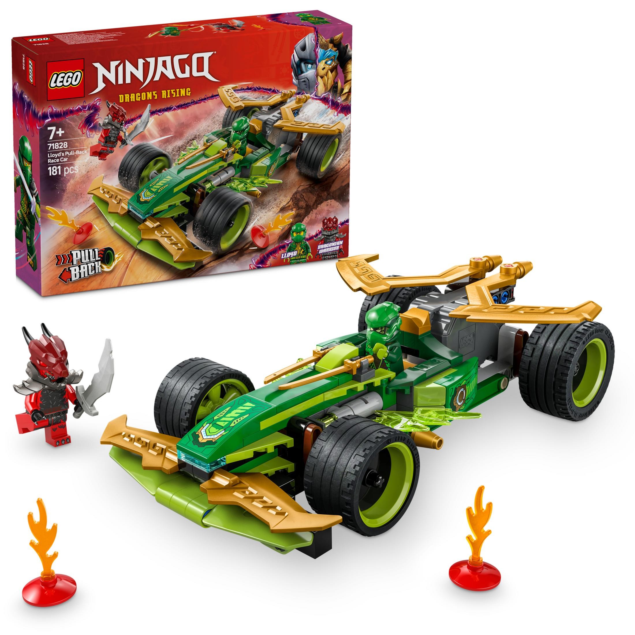 Set LEGO Ninjago con auto da corsa verde, personaggi e scatola.