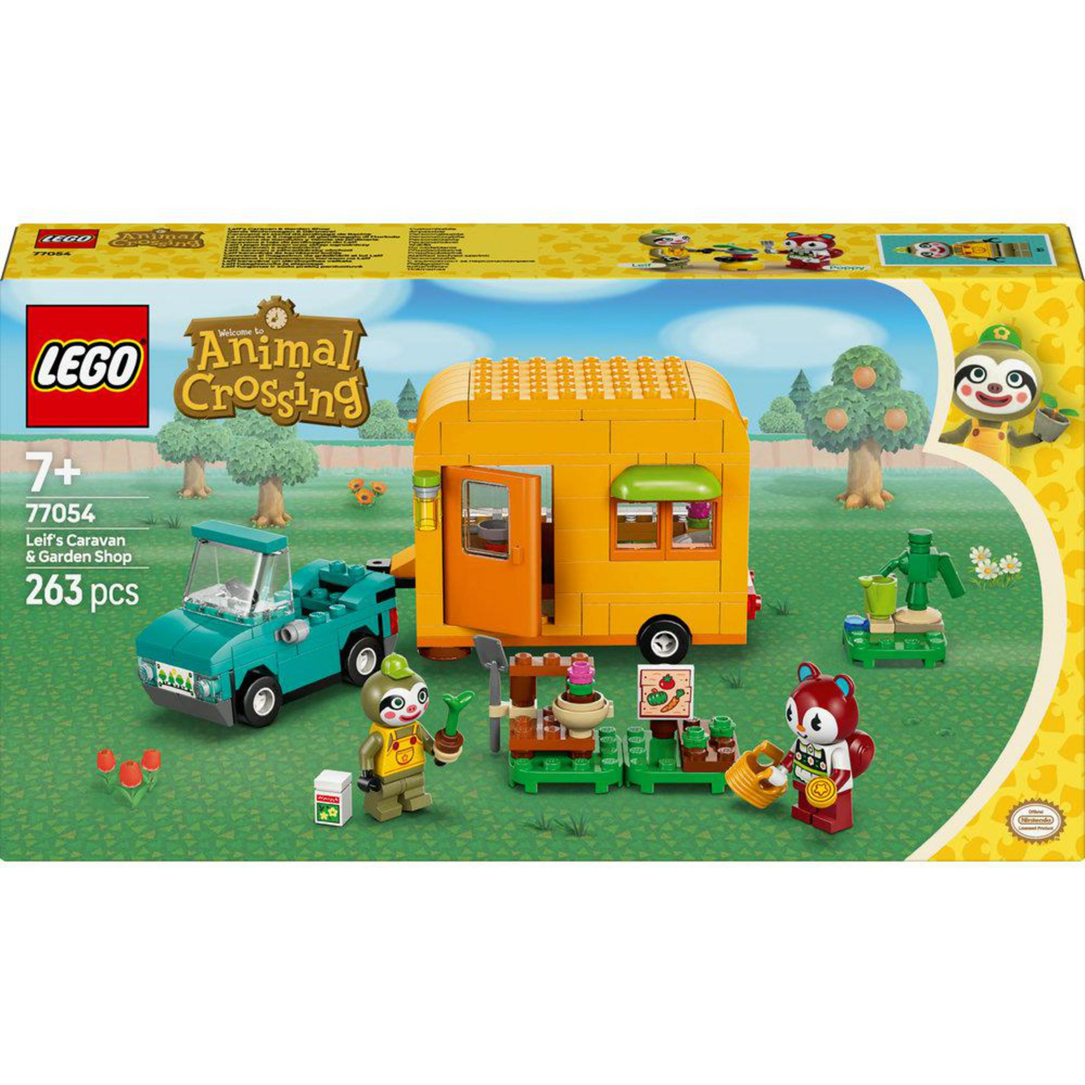 Scatola del set LEGO Animal Crossing con roulotte, auto e personaggi.