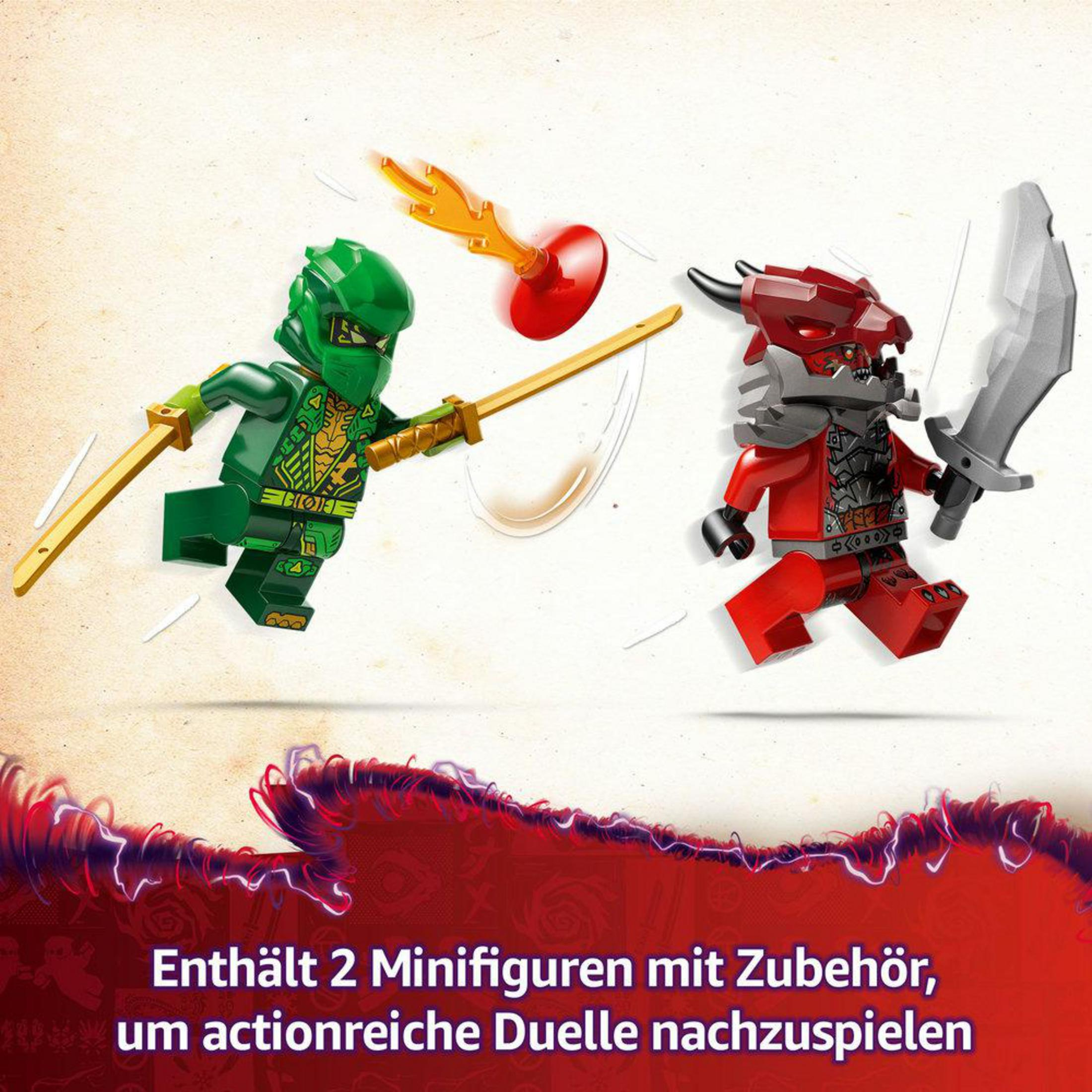 Dwie figurki LEGO Ninjago w pozycji bojowej z mieczami i akcesoriami.