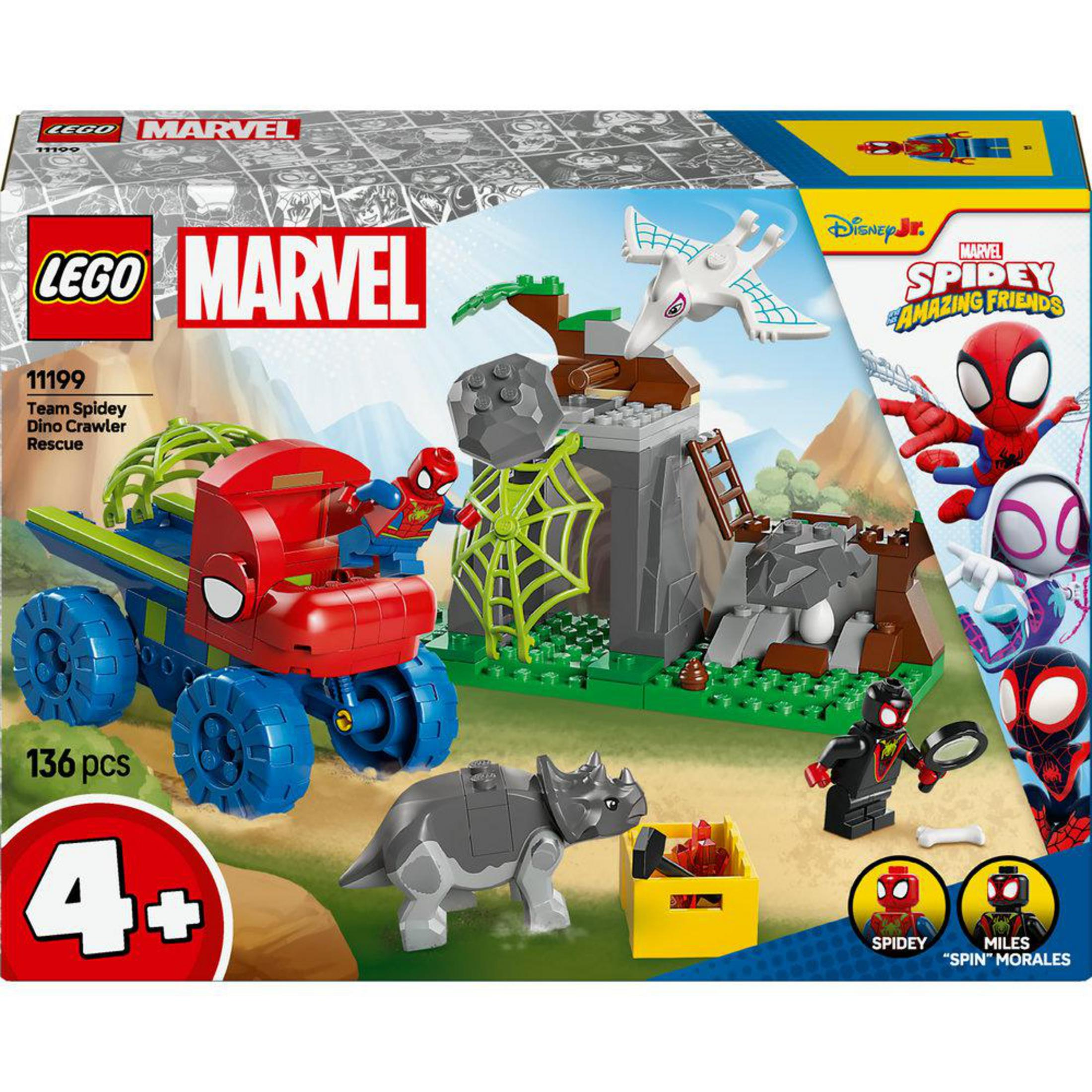 LEGO Marvel Team Spidey Dino Crawler set. Red and blue truck, dinosaur, and Spider-Man figures.