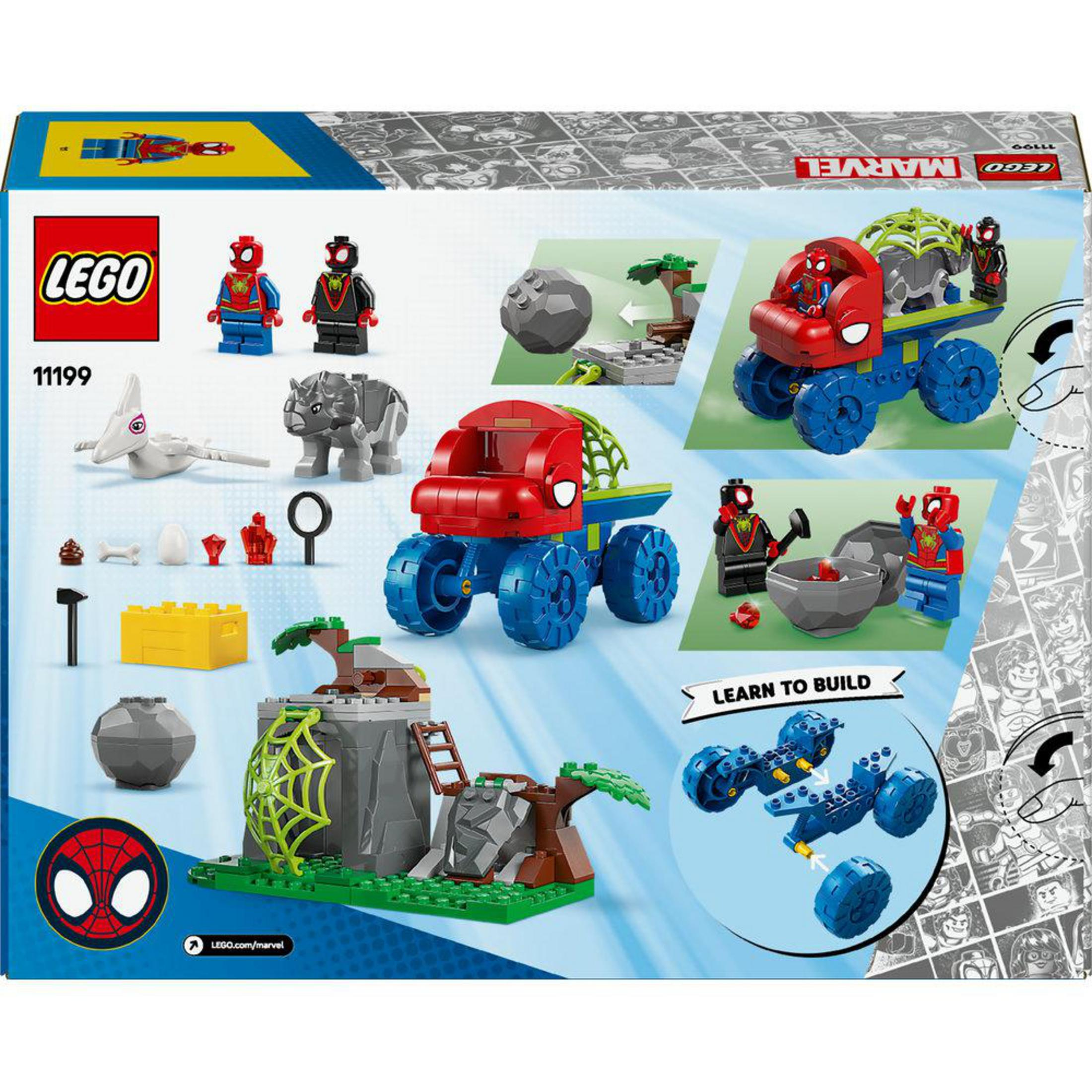 Back of a LEGO box shows different models and characters, including Spiderman and rhino. Lego Logo is in the corner.