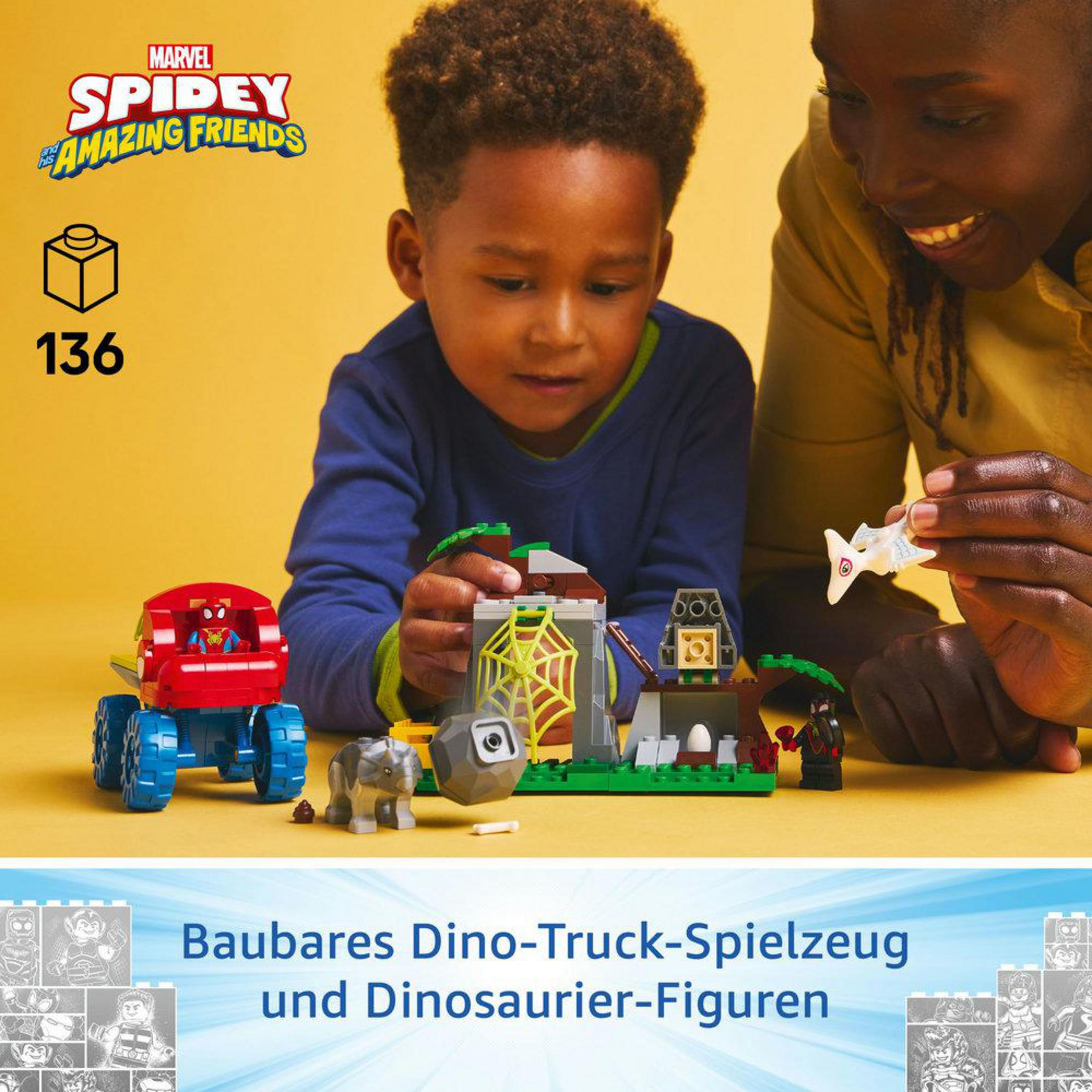 Boy and woman playing with LEGO set, the boy is looking at a LEGO dinosaur build, yellow background
